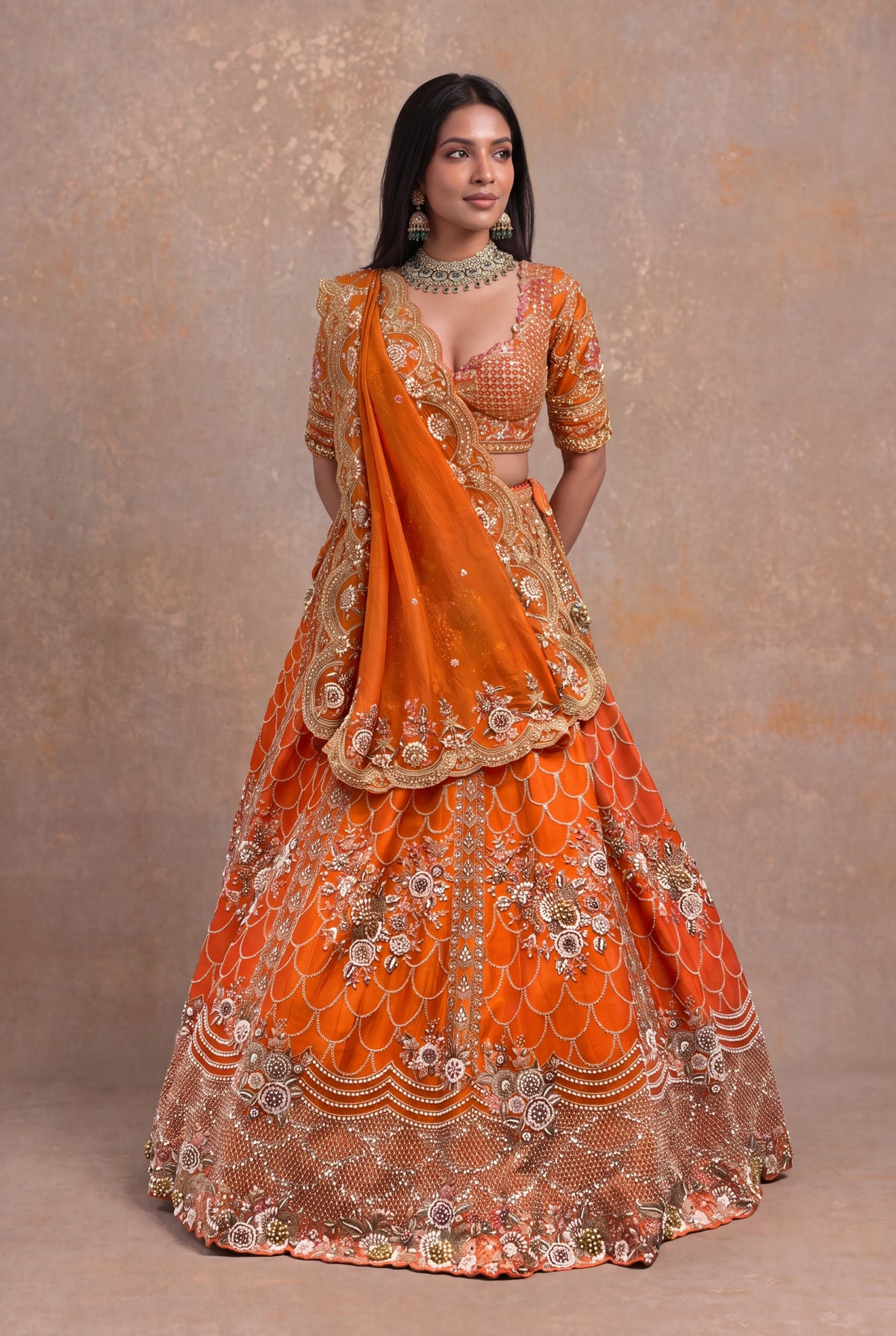 Orange Raw Silk Lehenga - Mokshaa