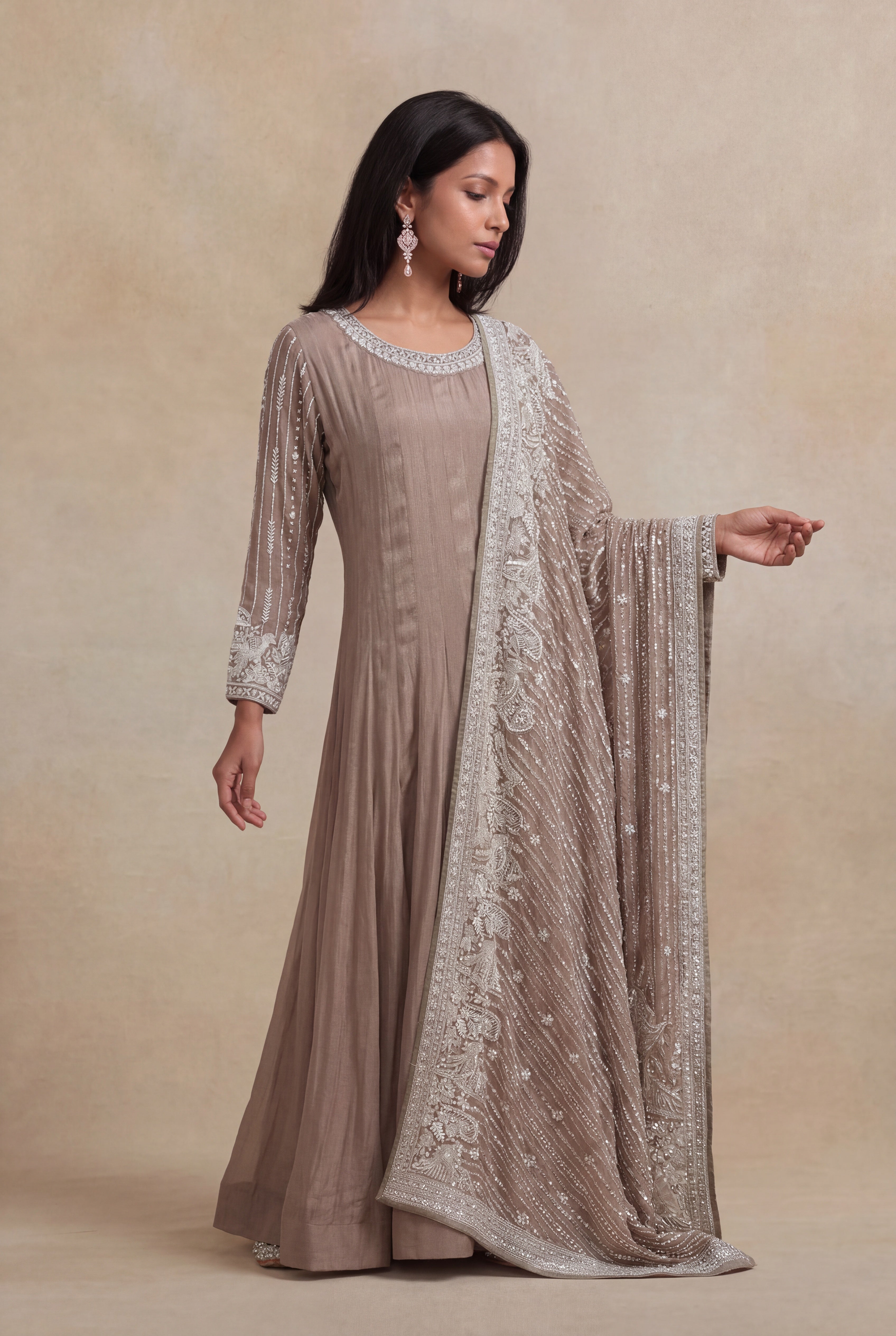 Elephant Grey Grape Fabric Embroidered Anarkali Suit
