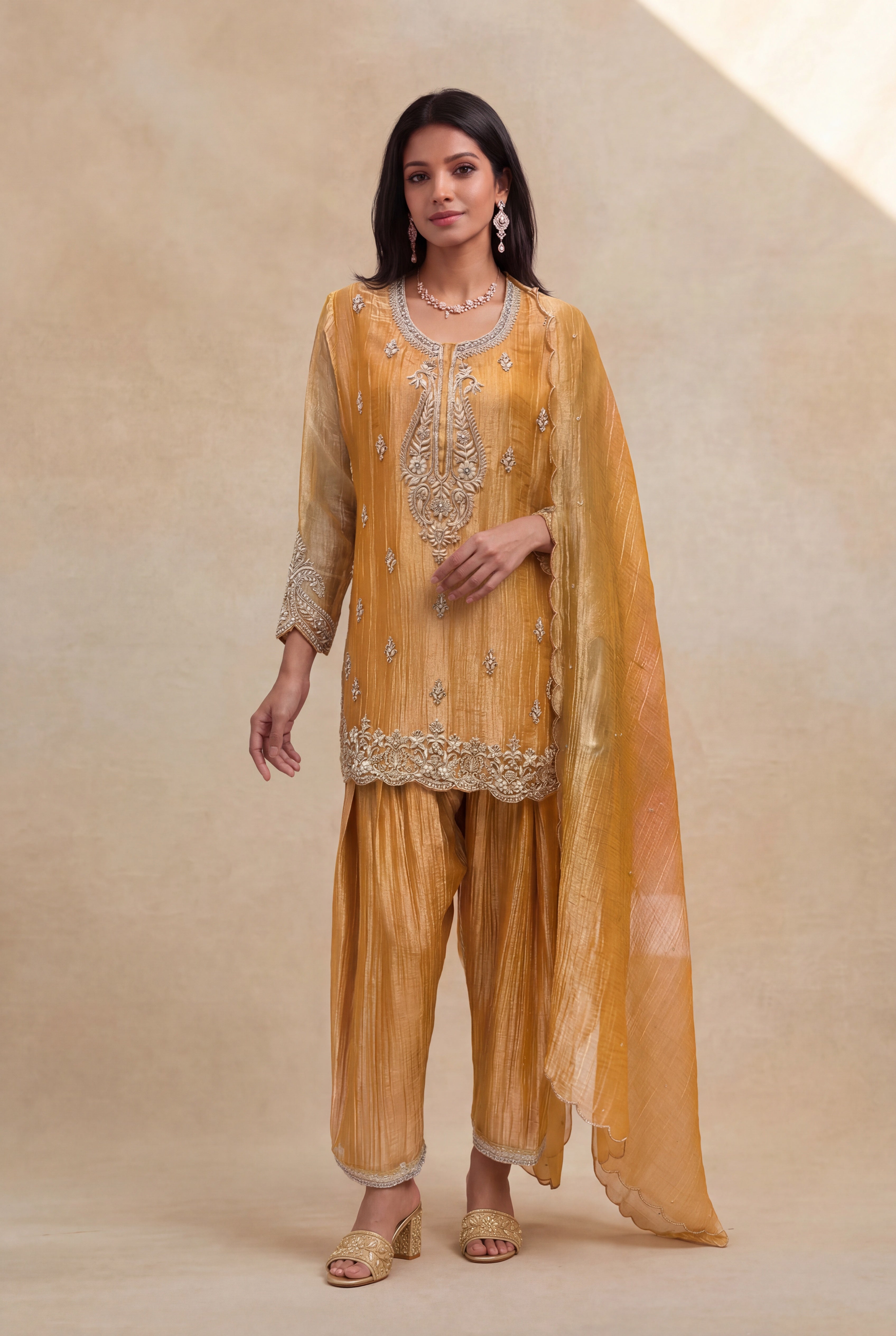 Mustard Yellow Organza Tissue Short Top Sharara Set