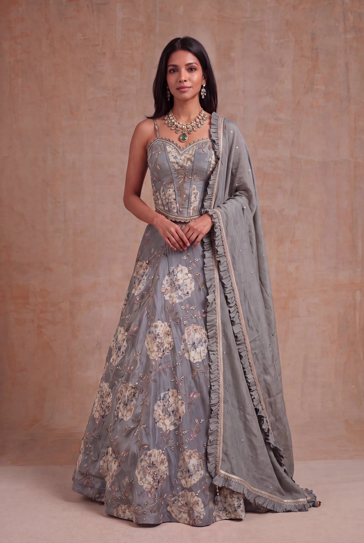 Grey Tissue Silk Floral Lehenga with Zari Work - Mokshaa