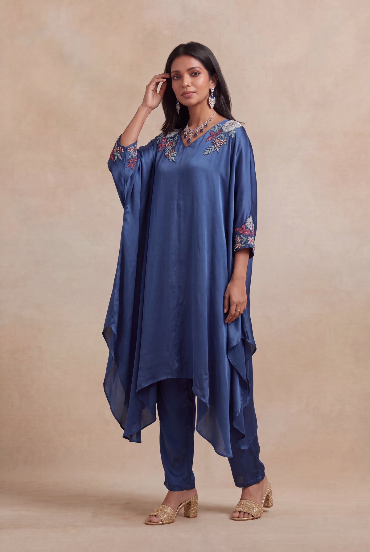 Blue Satin Silk Indo-Western Set - Mokshaa