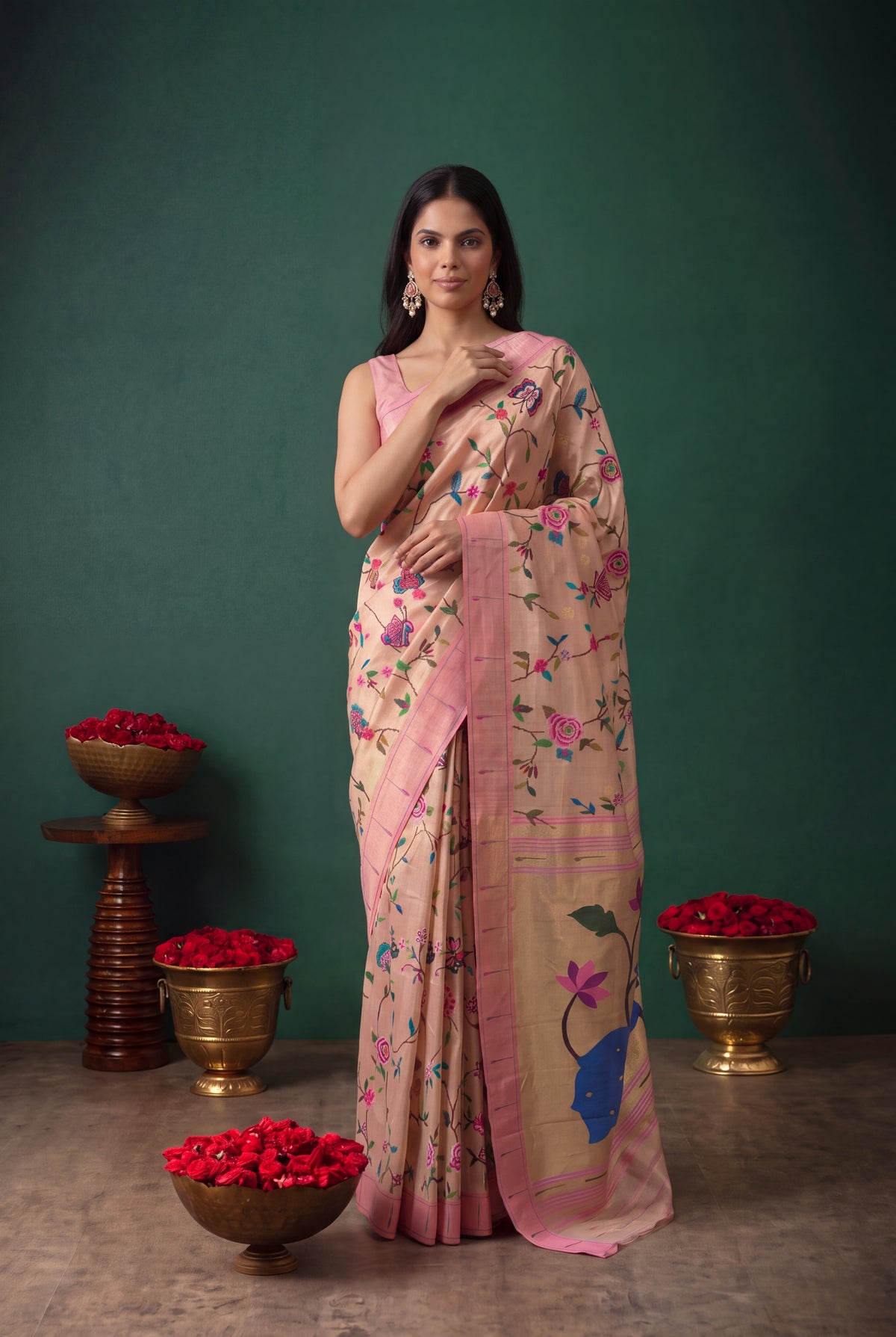 Peach Tissue Paithani Saree with Convent Embroidery and Contrast Pink Border - Mokshaa