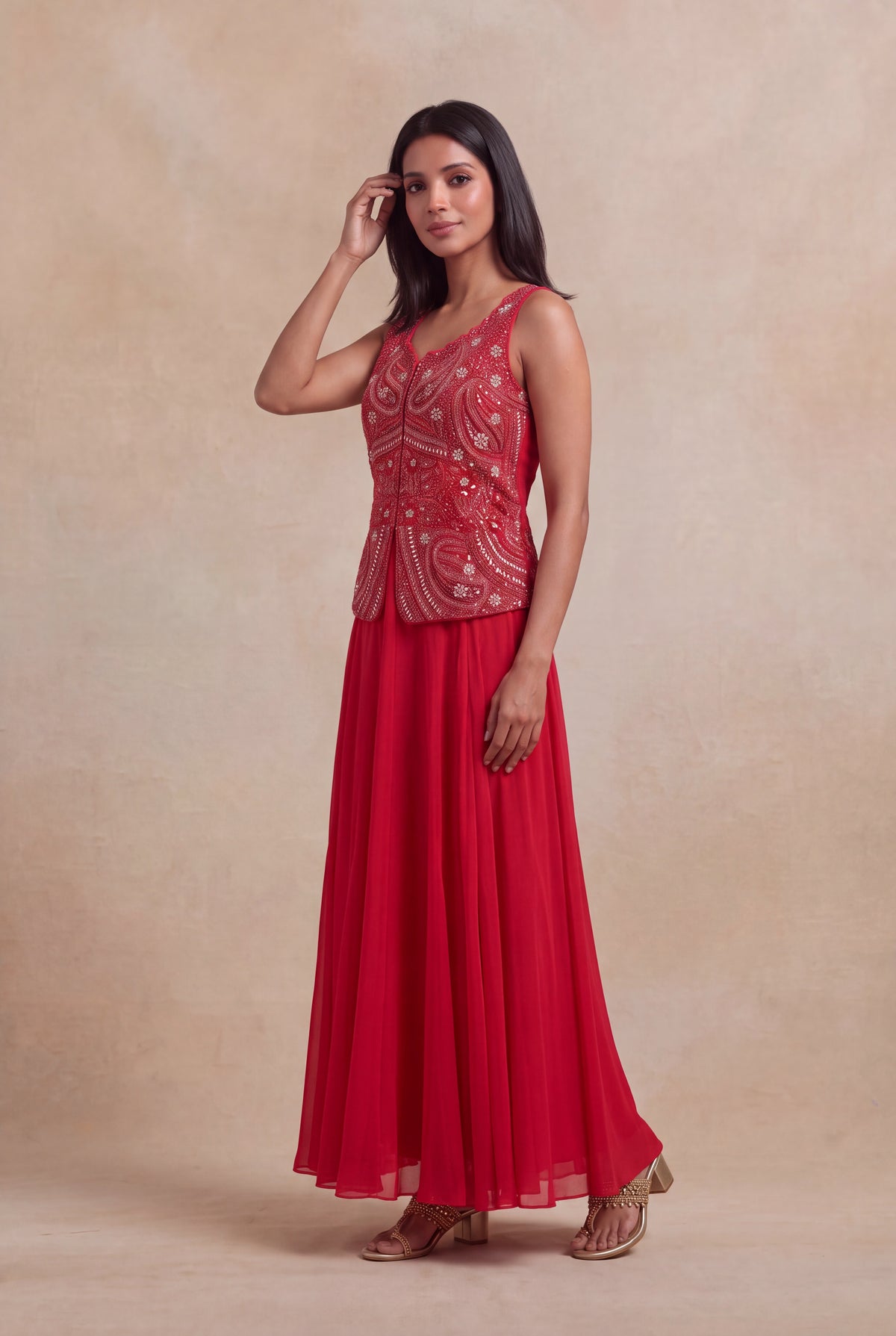 Red Sequins & Katdana Embroidered Jacket Gown - Mokshaa