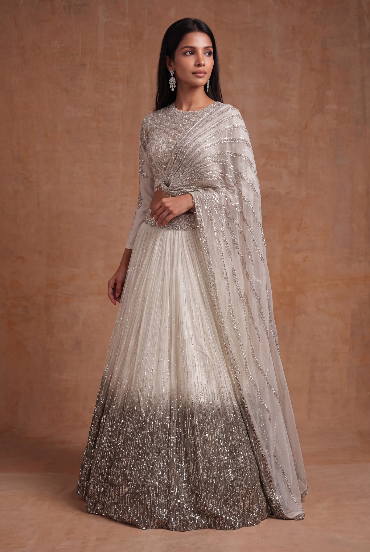 Ivory Organza Ombre Sequin Lehenga - Mokshaa