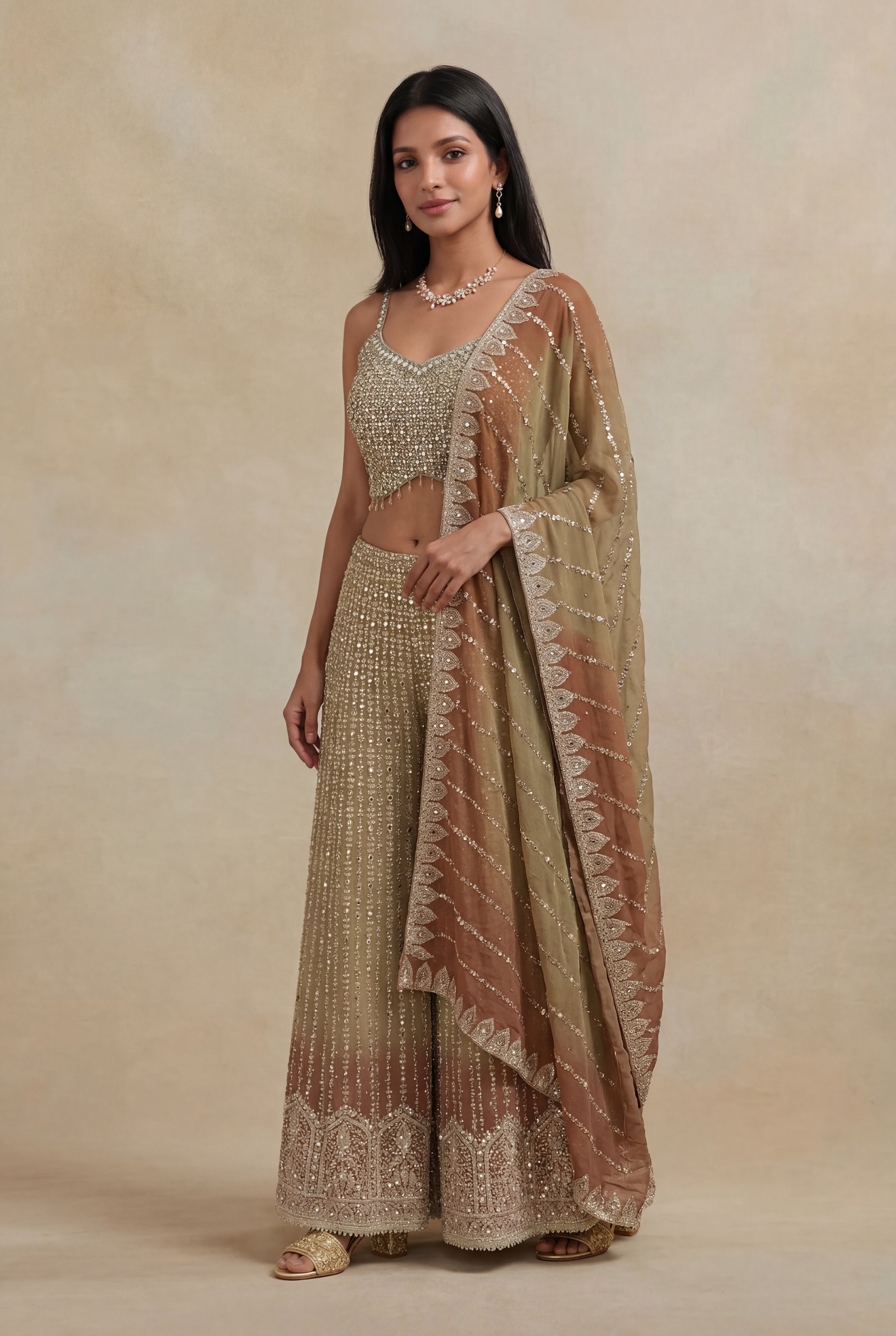 Gold Georgette Indo-Western   Set with Stone & Mirror Work