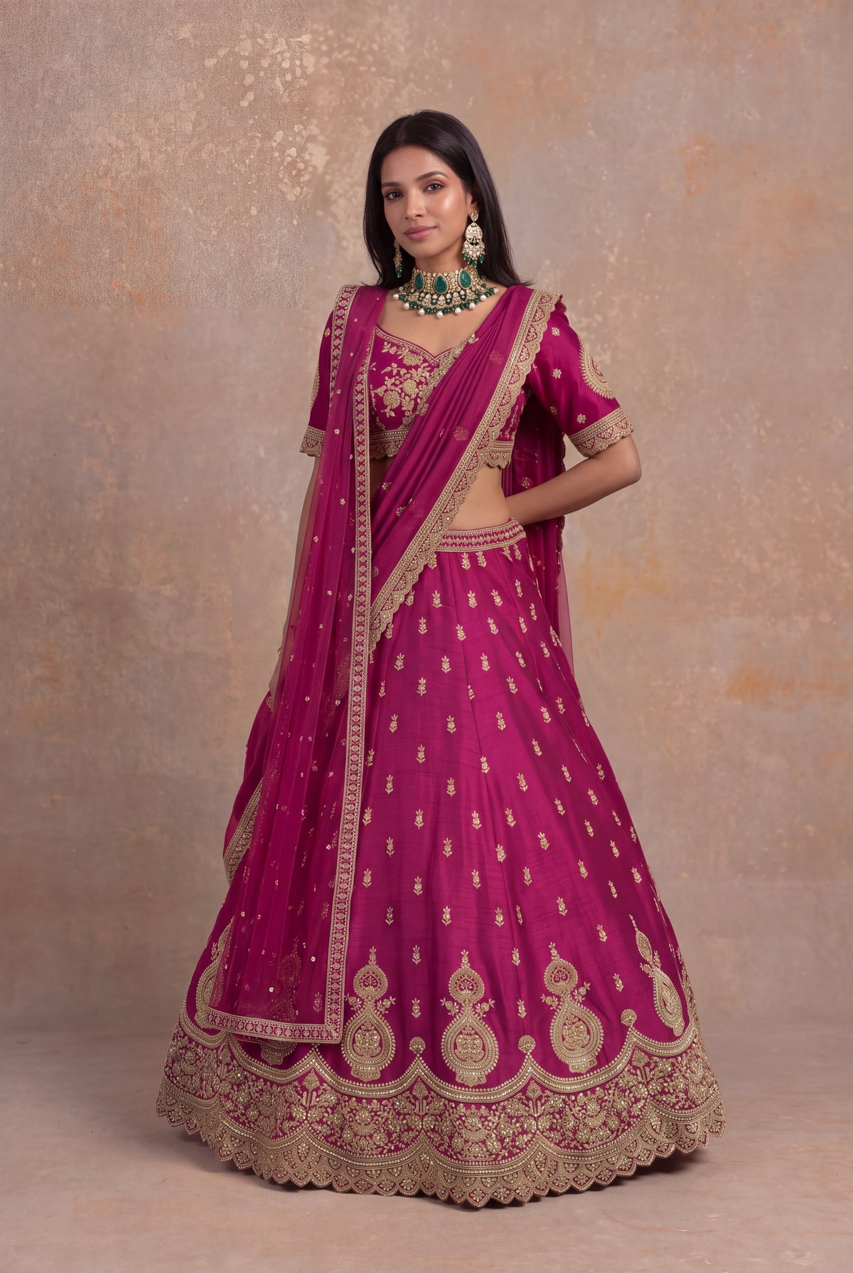 Magenta Raw Silk Lehenga Set with Zardozi and Kundan Work - Mokshaa