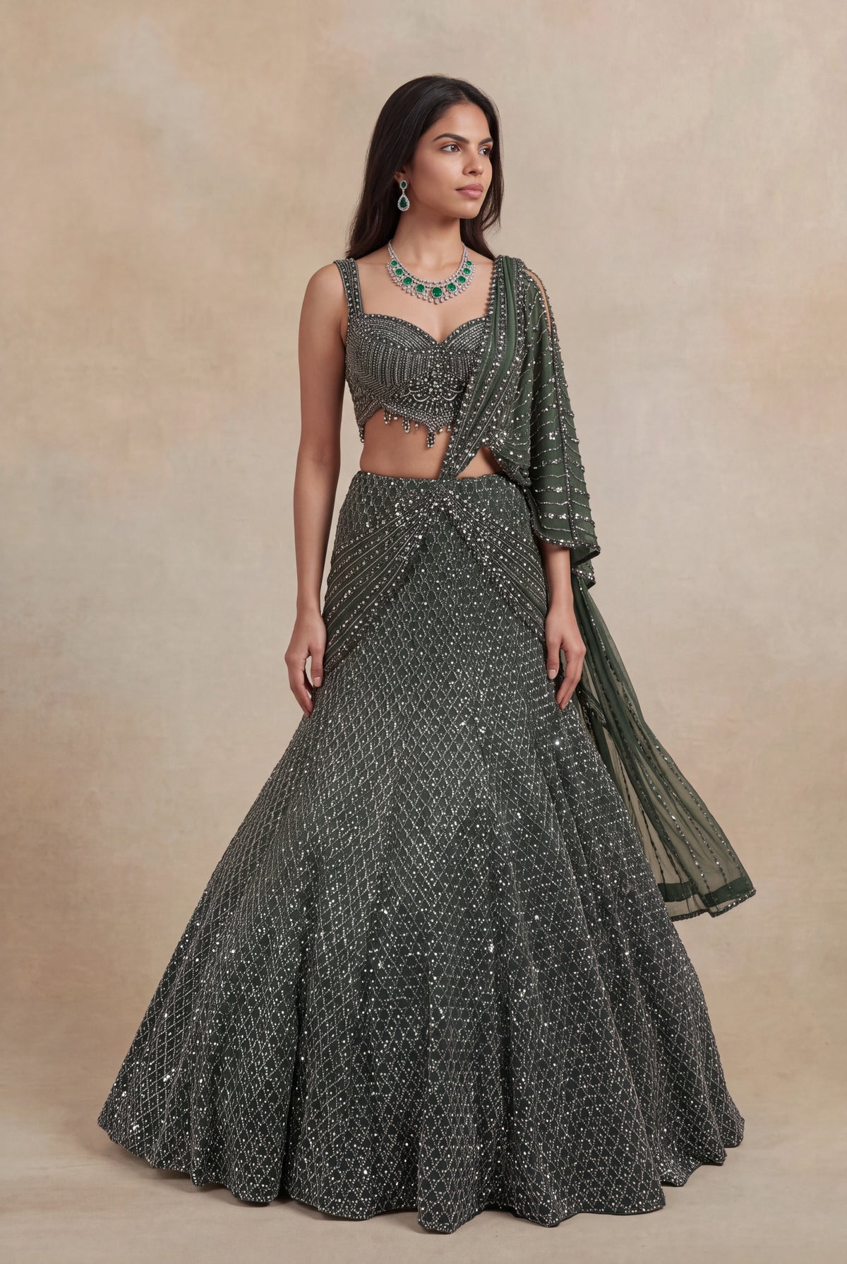 Mehandi Green Net Lehenga - Mokshaa