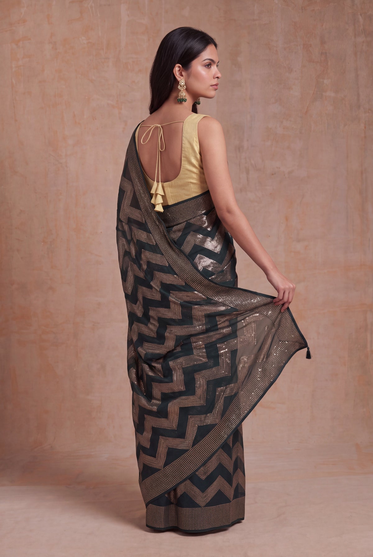 Bottle Green Georgette Sequin Wave Saree - Mokshaa