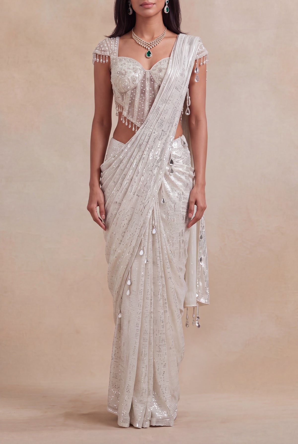 Ivory Net Drape Saree with Embellished Corset Blouse - Mokshaa