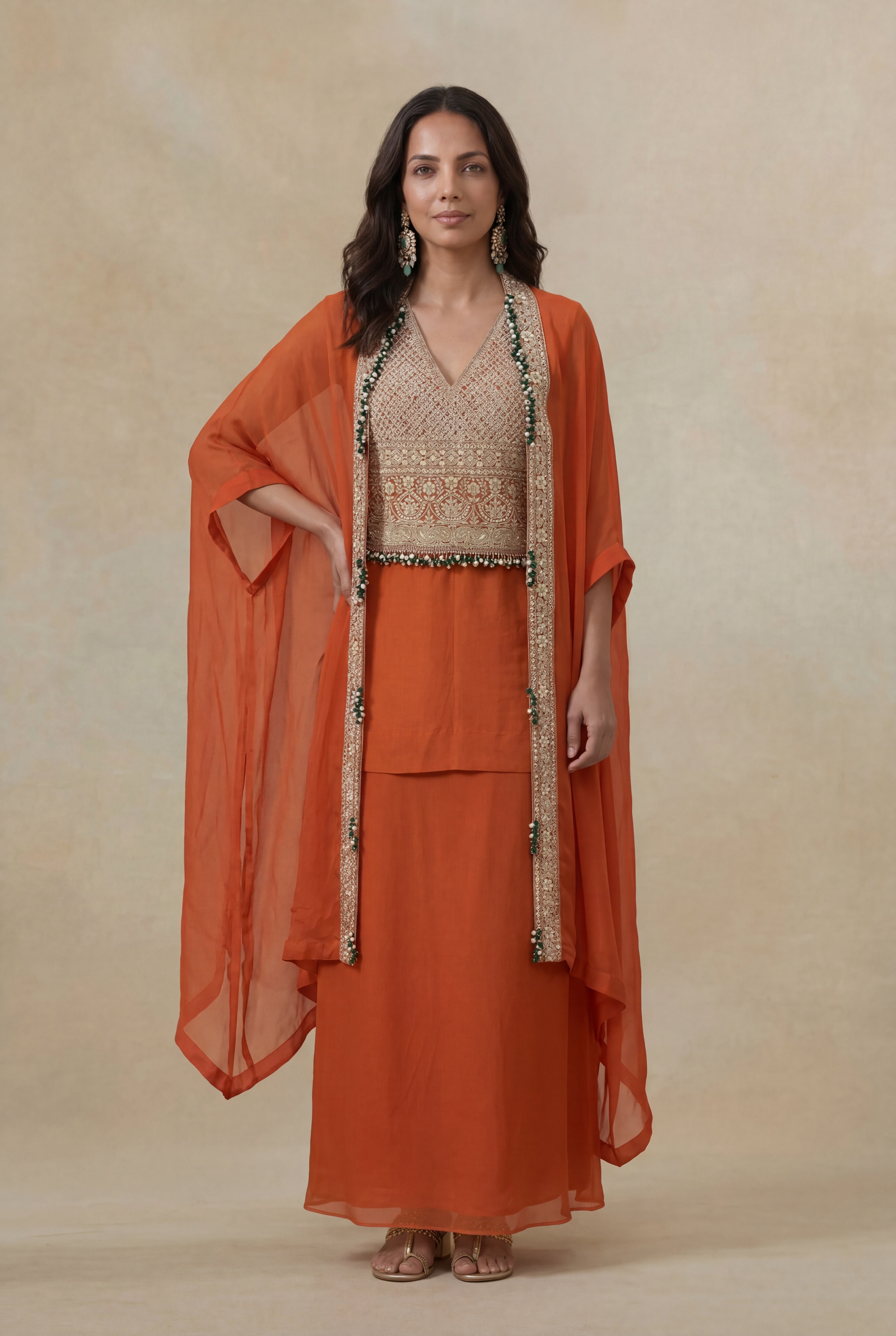 Orange Organza Silk Indo-Western Set