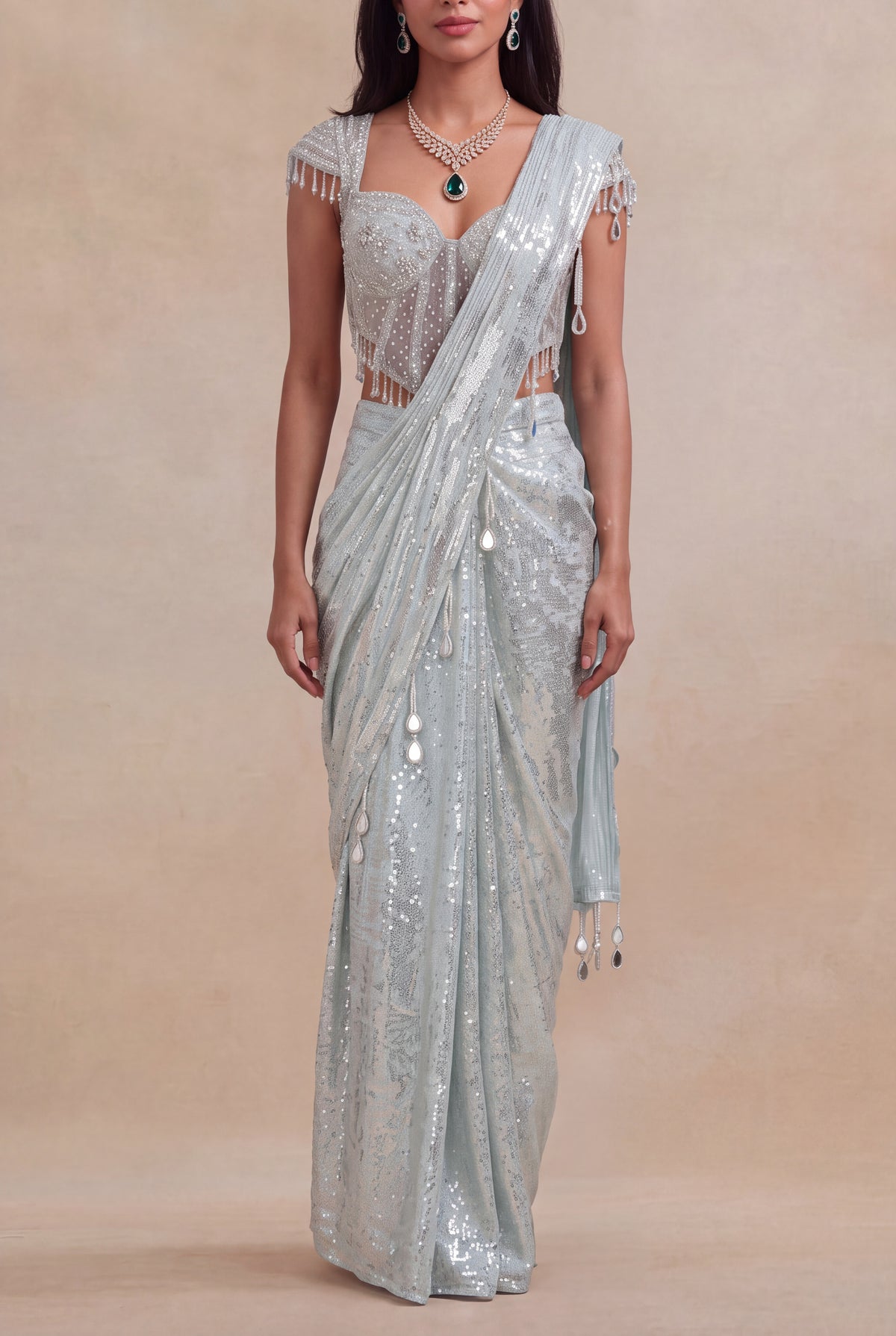 Ice Blue Net Drape Saree with Embellished Corset Blouse - Mokshaa
