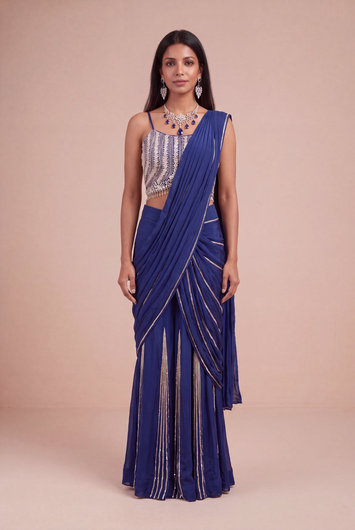 Royal Blue Chinon Crepe Draped Saree - Mokshaa