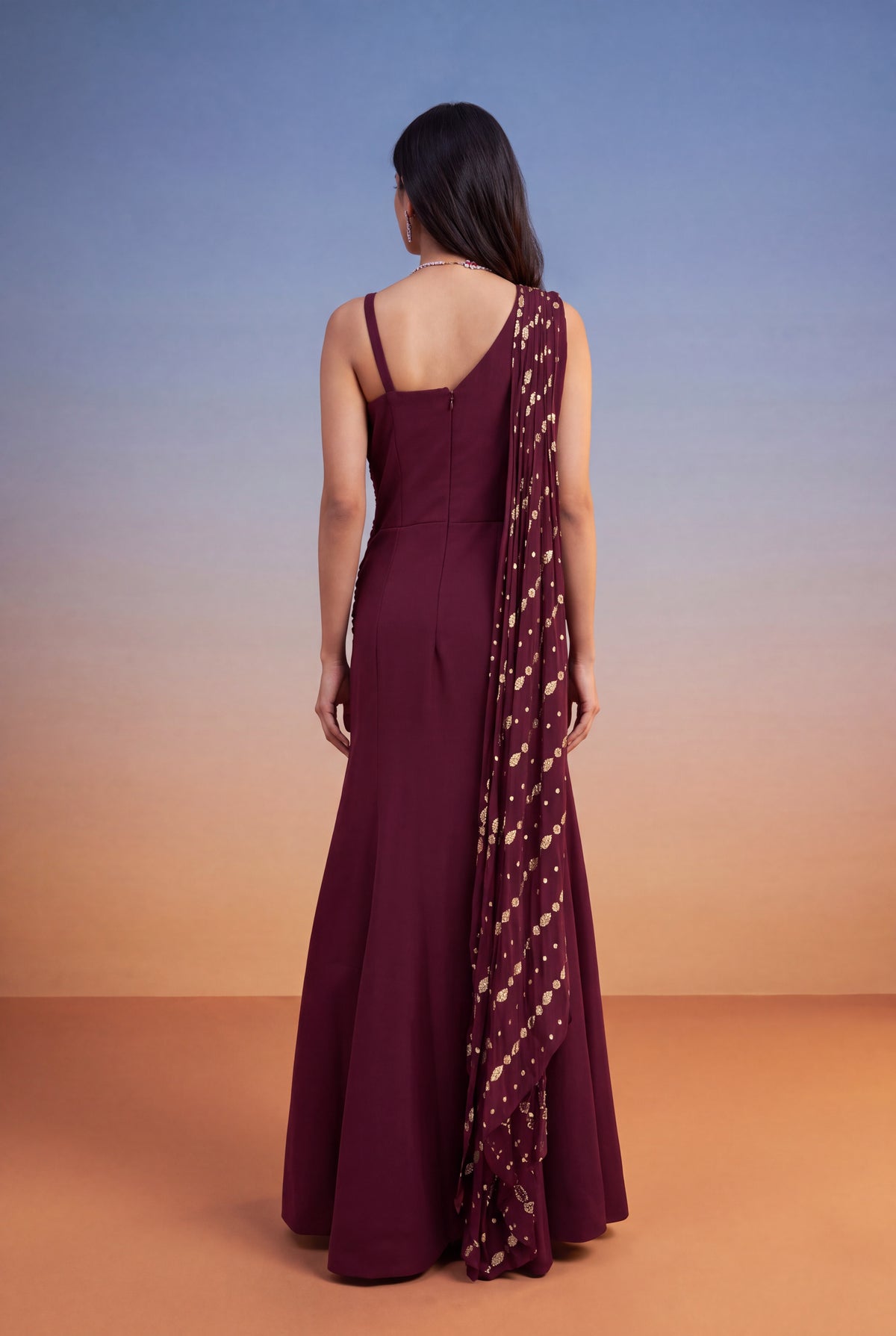 Wine Silk Banarasi Weave Western Gown - Mokshaa