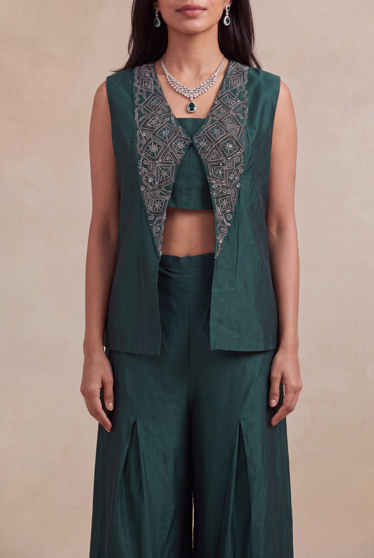 Emerald Green Silk Indo-Western Three-Piece Set - Mokshaa