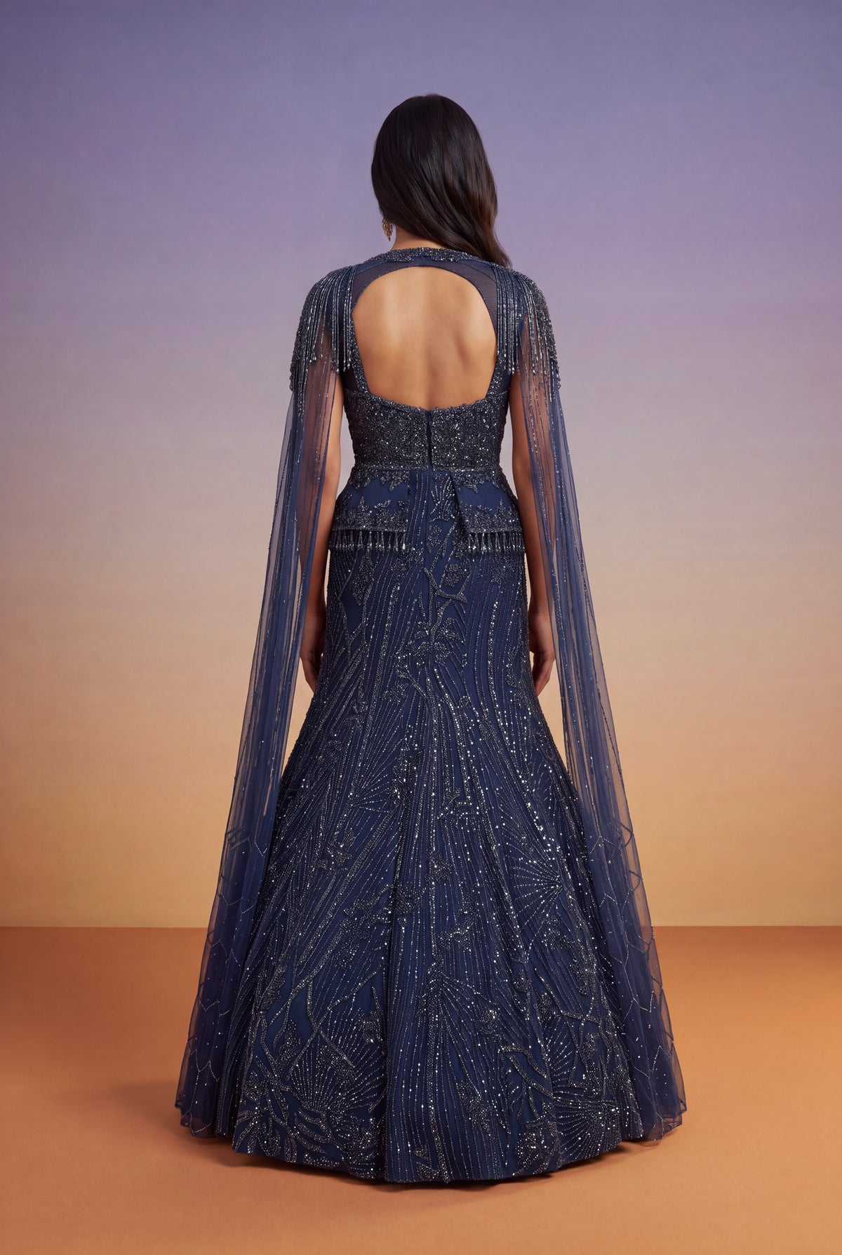 Navy Blue Embellished Fish-Cut Gown with Cape - Mokshaa