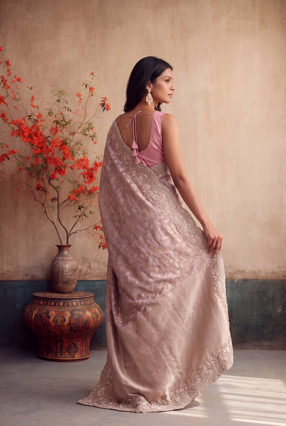 Peach Zari Weave Saree with Scalloped Border - Mokshaa
