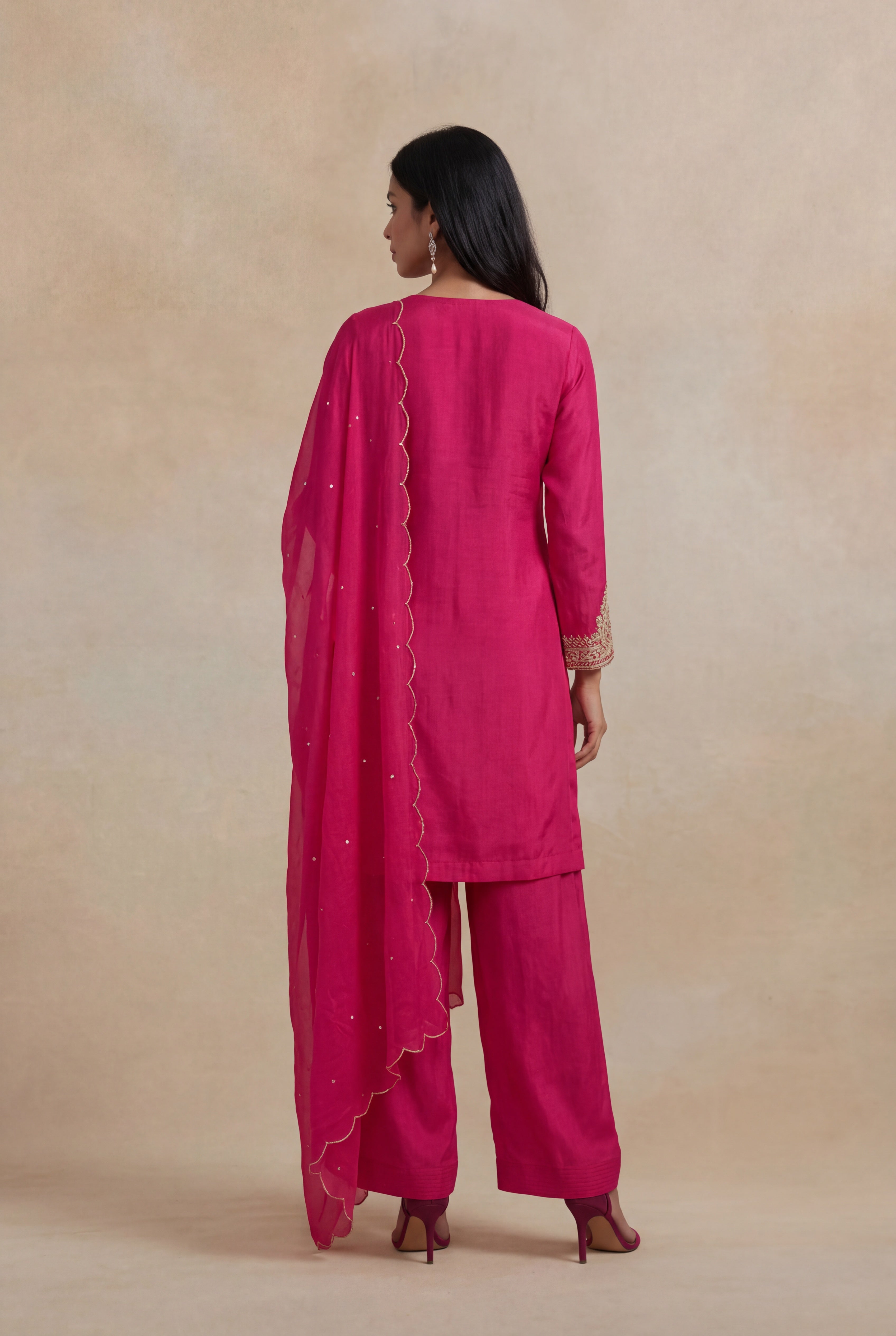 Rani Pink Crepe Embroidered Short Top Sharara Set