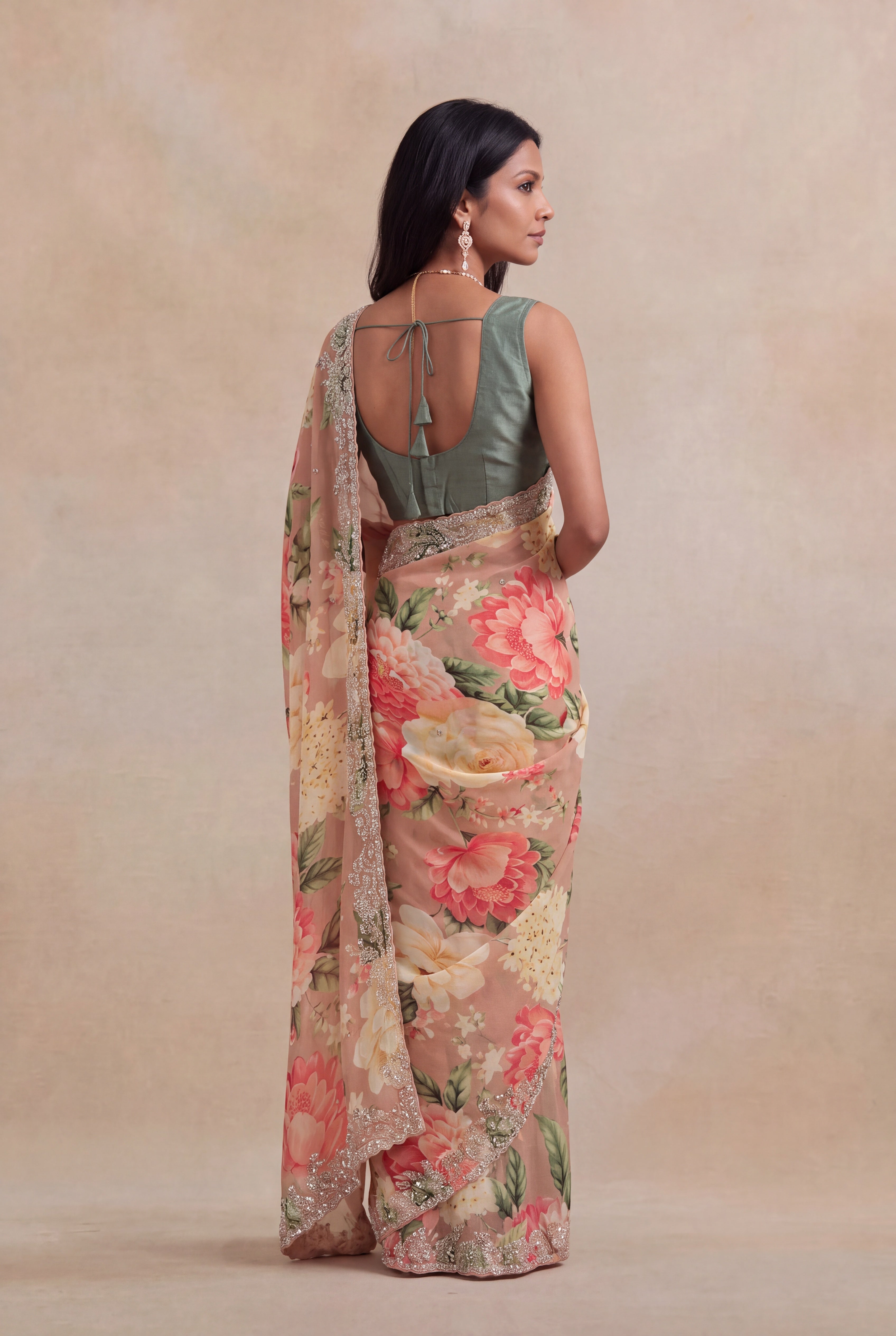 Peach Georgette Floral Print Saree
