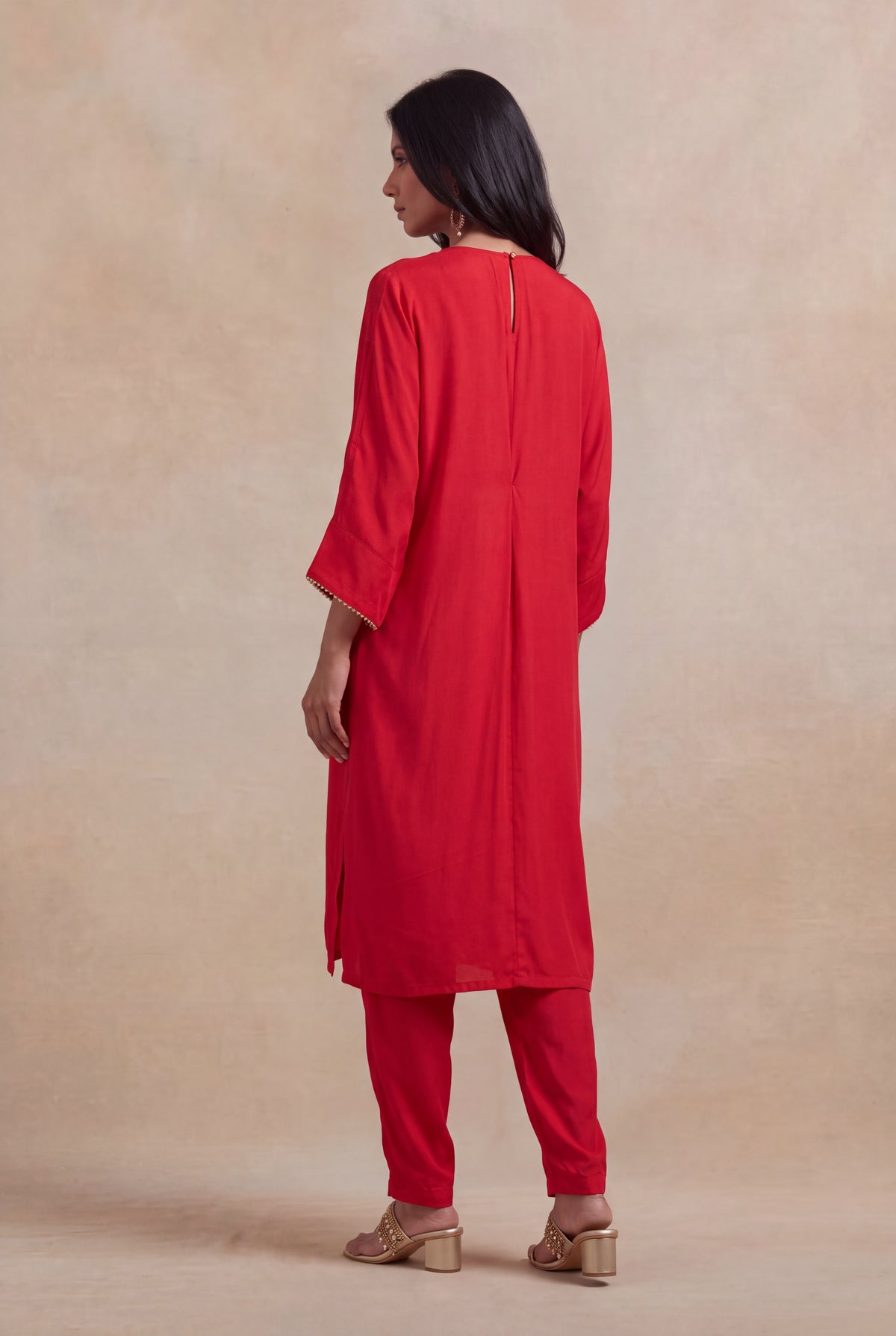 Red Satin Silk Kurti Set with Katdana Work - Mokshaa