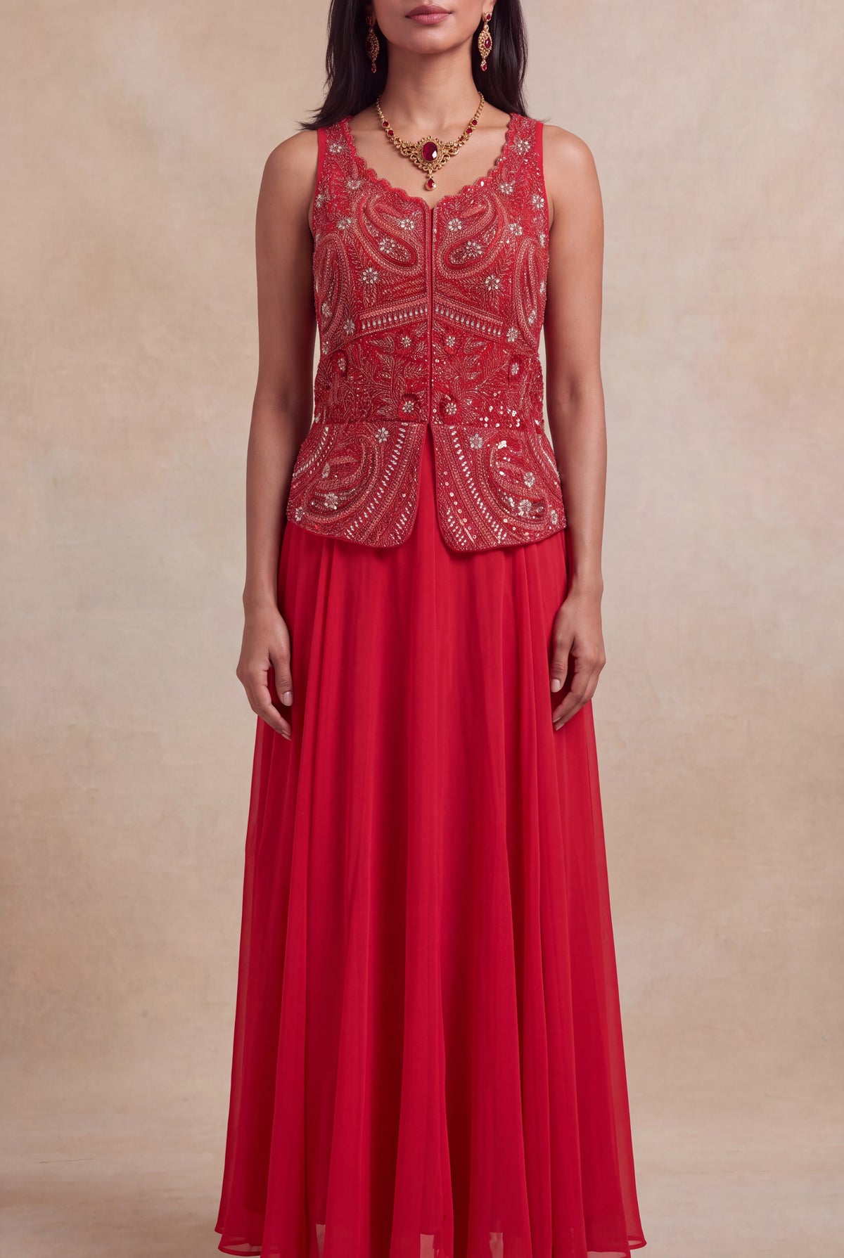 Red Sequins & Katdana Embroidered Jacket Gown - Mokshaa
