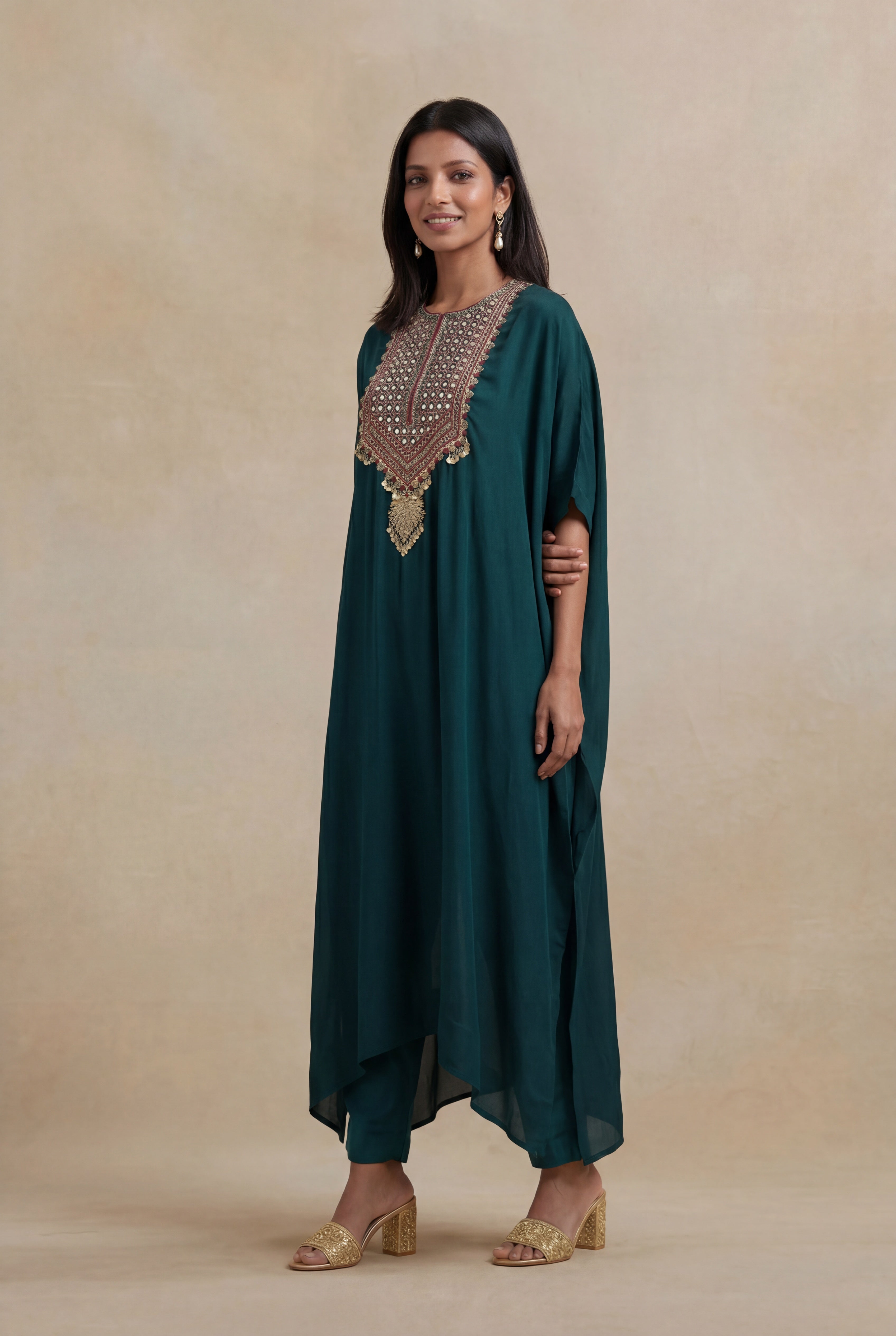 Emerald Green Satin Silk Embroidered Kaftan Set