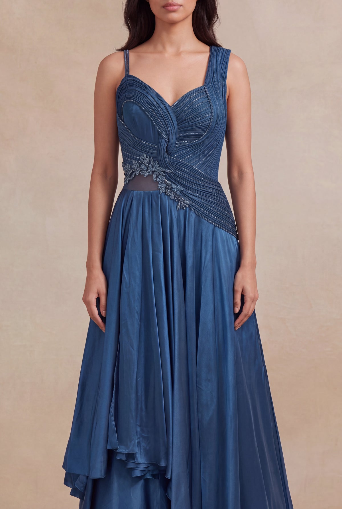 Blue Draped Katdana & Stone Work Designer Gown - Mokshaa