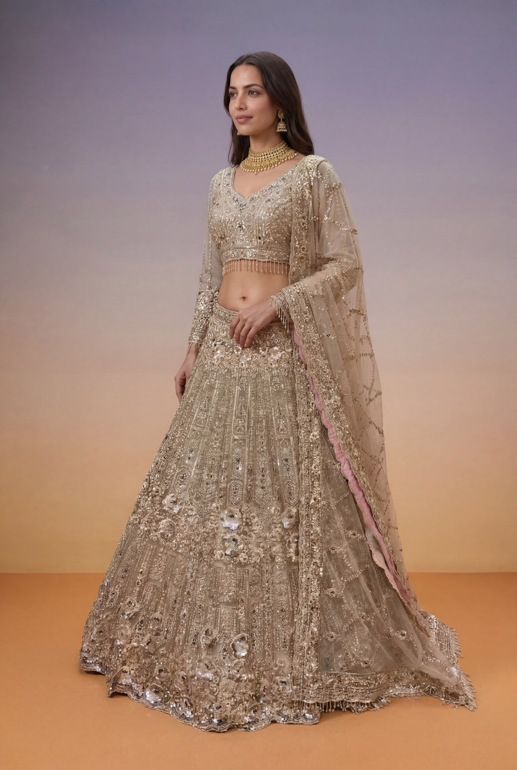 Champagne Gold Soft Net Bridal Lehenga