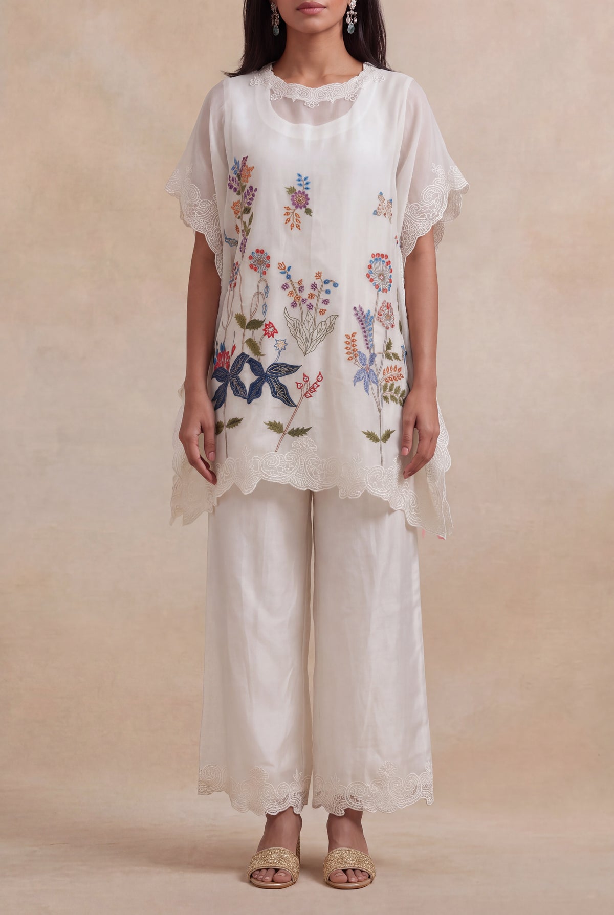 Ivory Organza Kaftan with Floral Thread Embroidery - Mokshaa