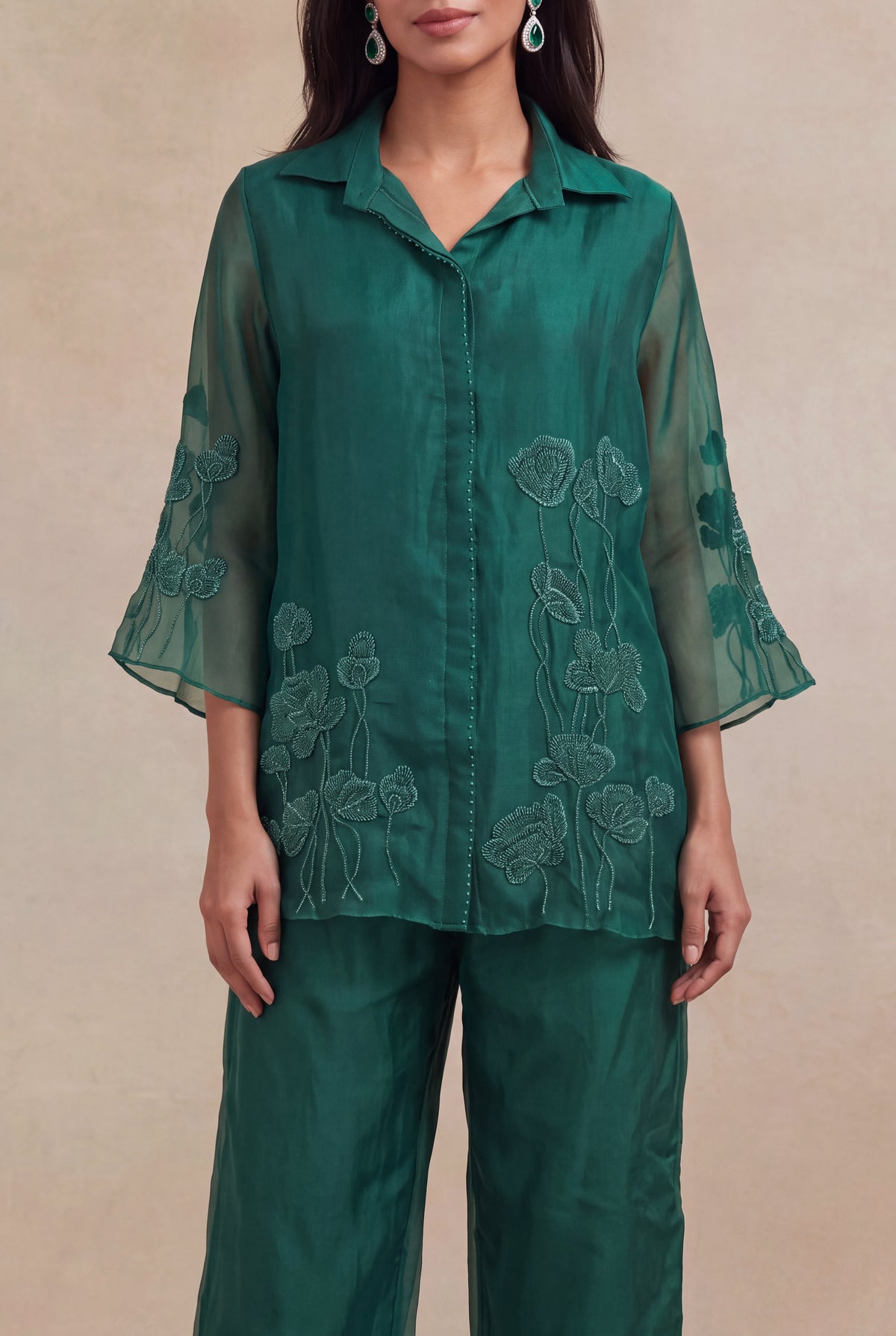 Emerald Green Organza Co-ord Set - Mokshaa