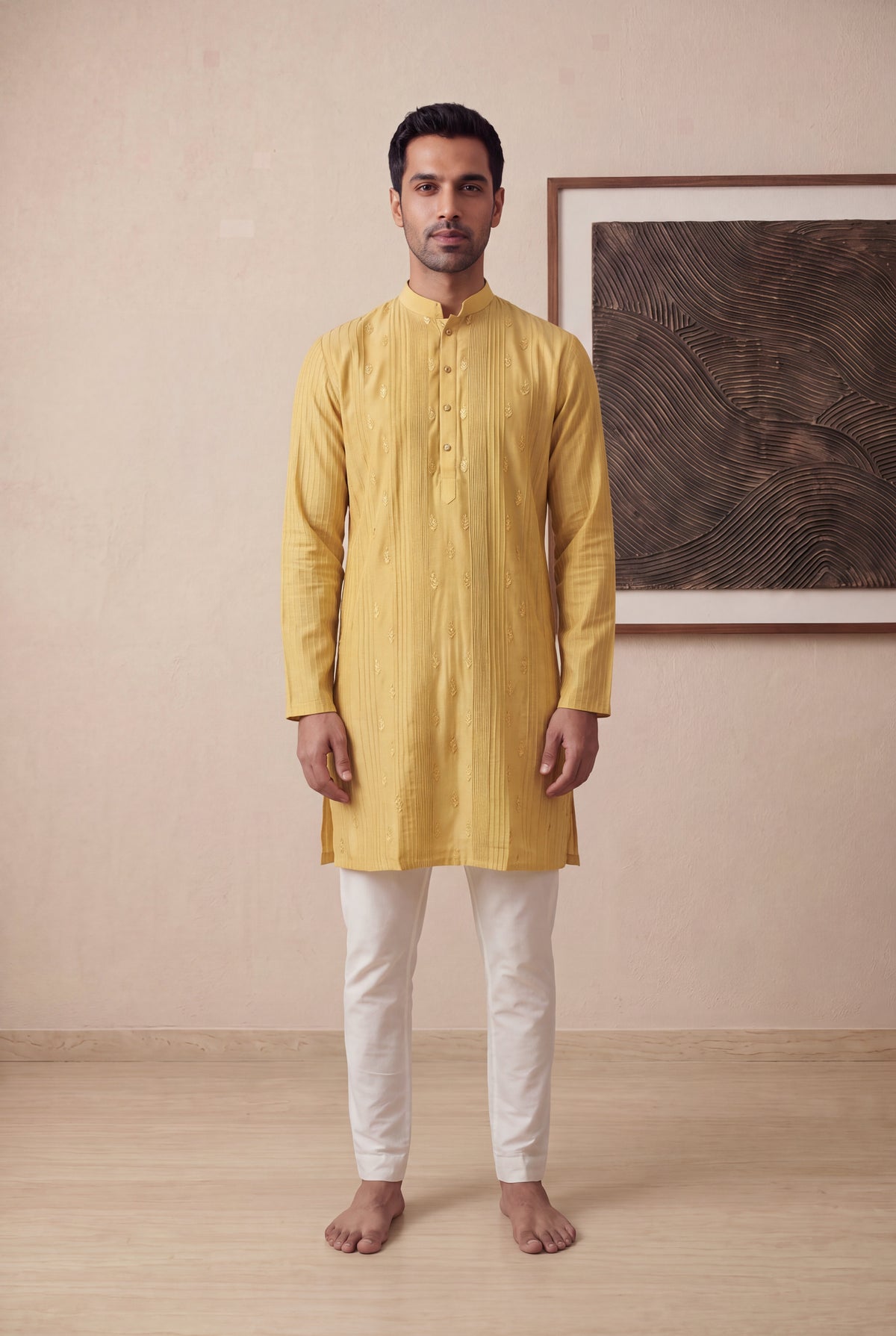 Mustard Yellow Silk Cotton Kurta Pant Set - Mokshaa