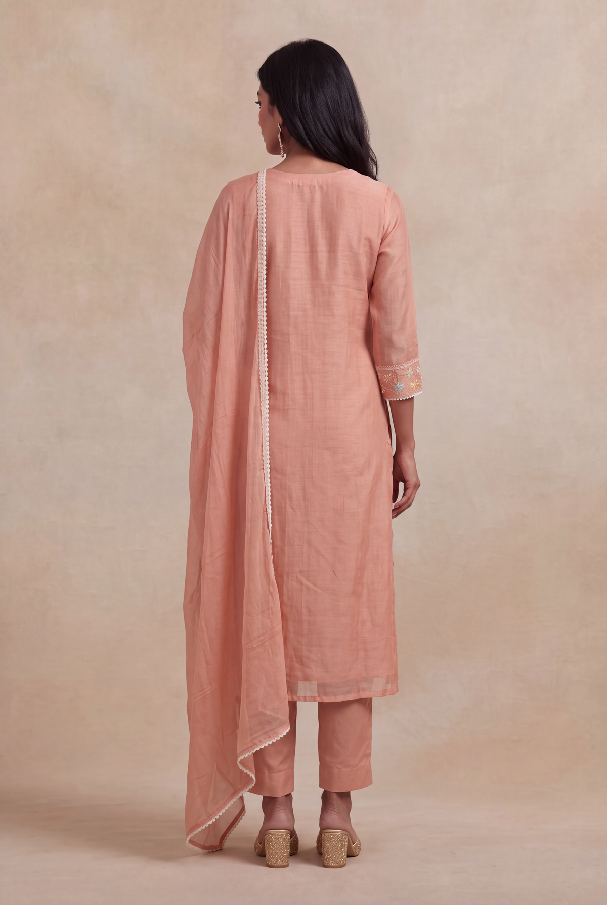 Peach Mul Cotton Embroidered Kurti Set - Mokshaa
