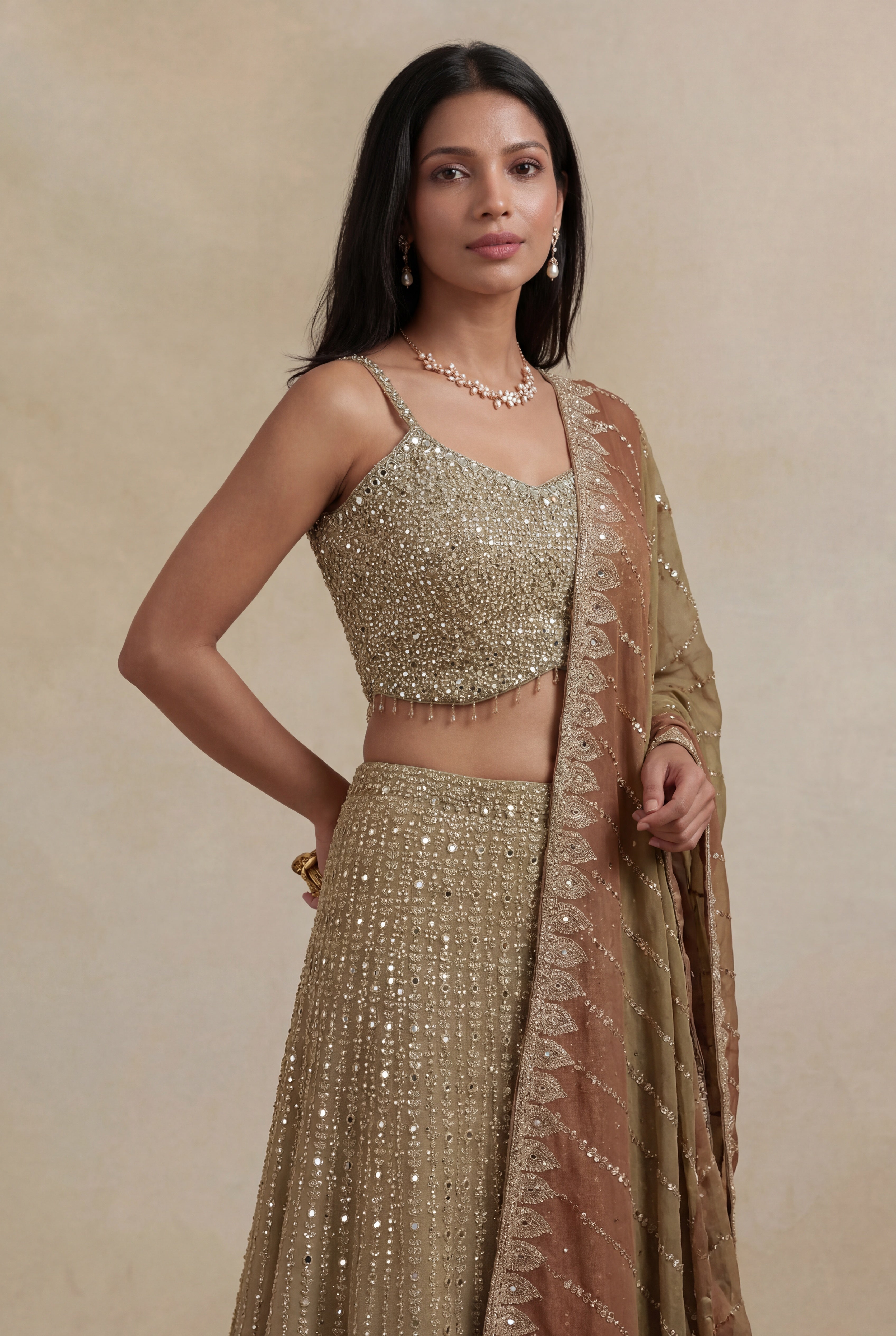 Gold Georgette Indo-Western   Set with Stone & Mirror Work