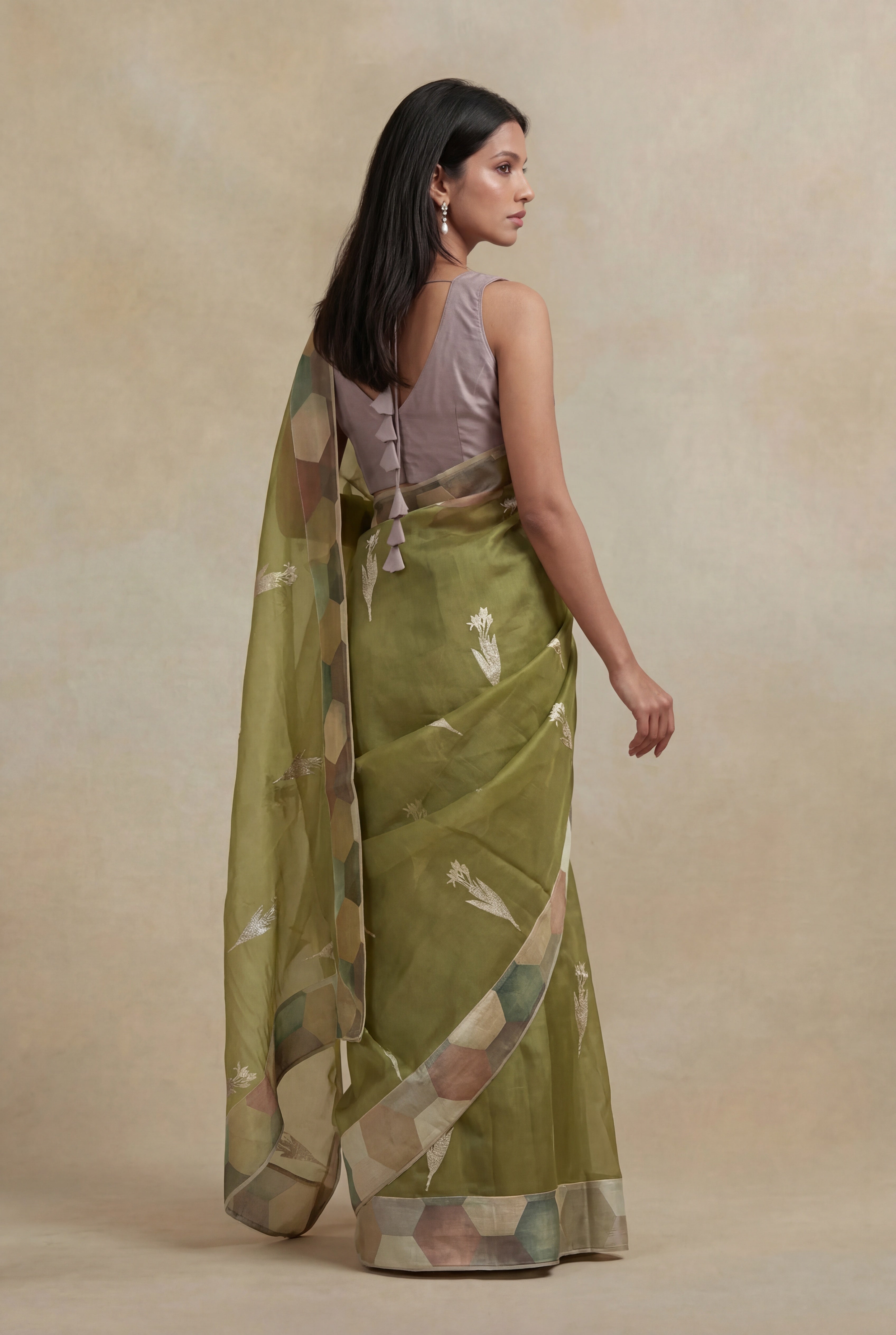 Olive Green Silk Kora Saree