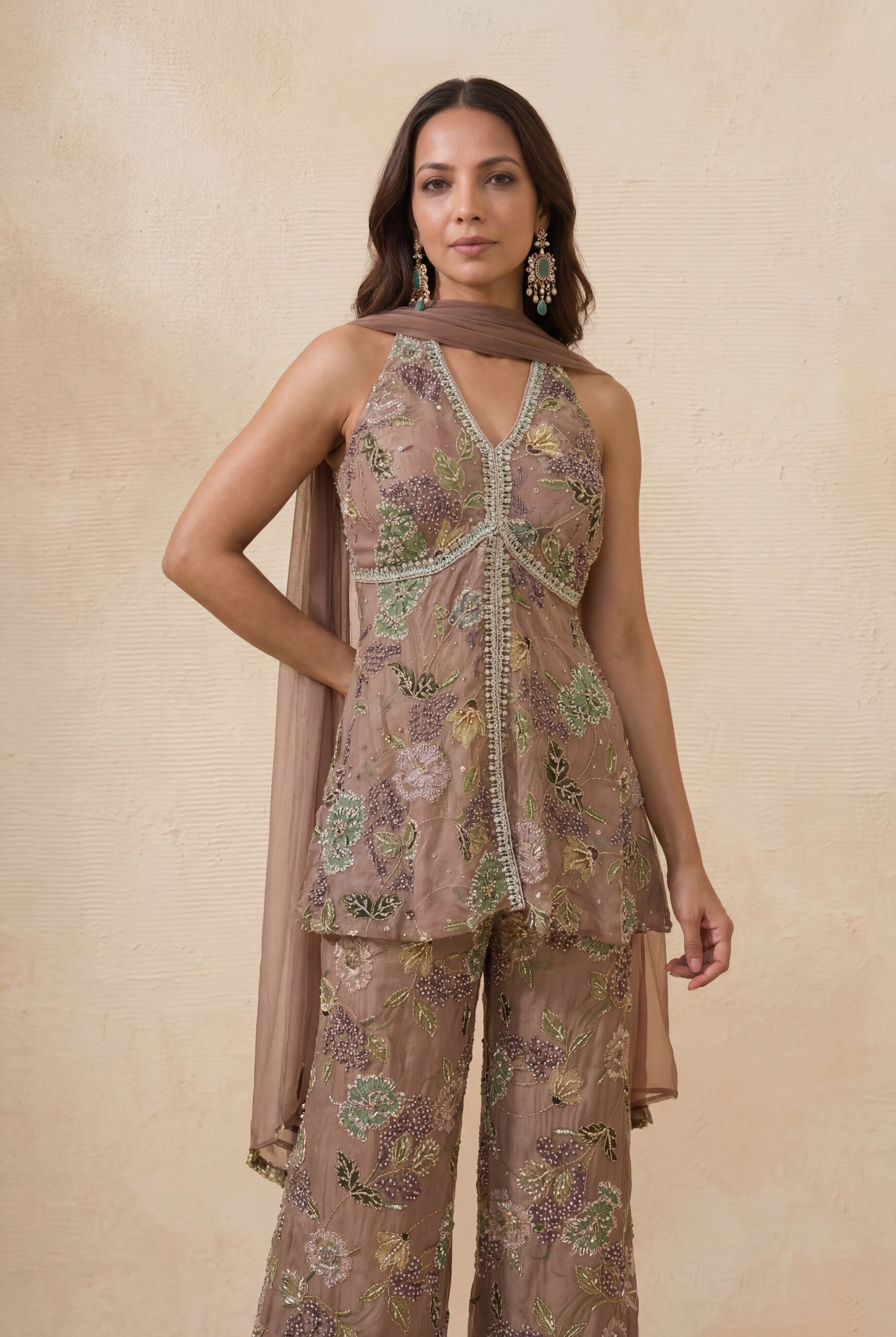 Mauve Floral Crepe Indo-Western Set