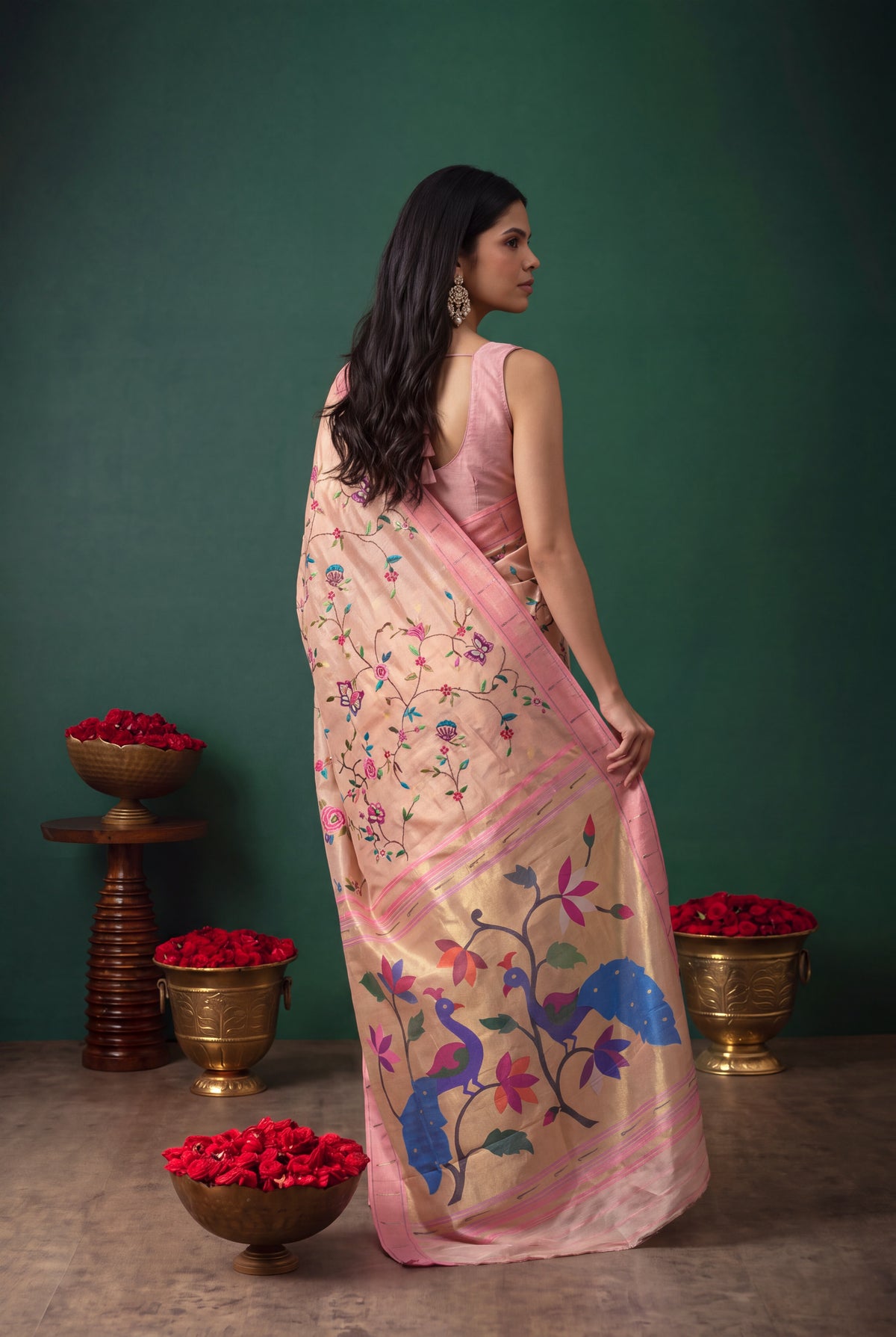 Peach Tissue Paithani Saree with Convent Embroidery and Contrast Pink Border - Mokshaa