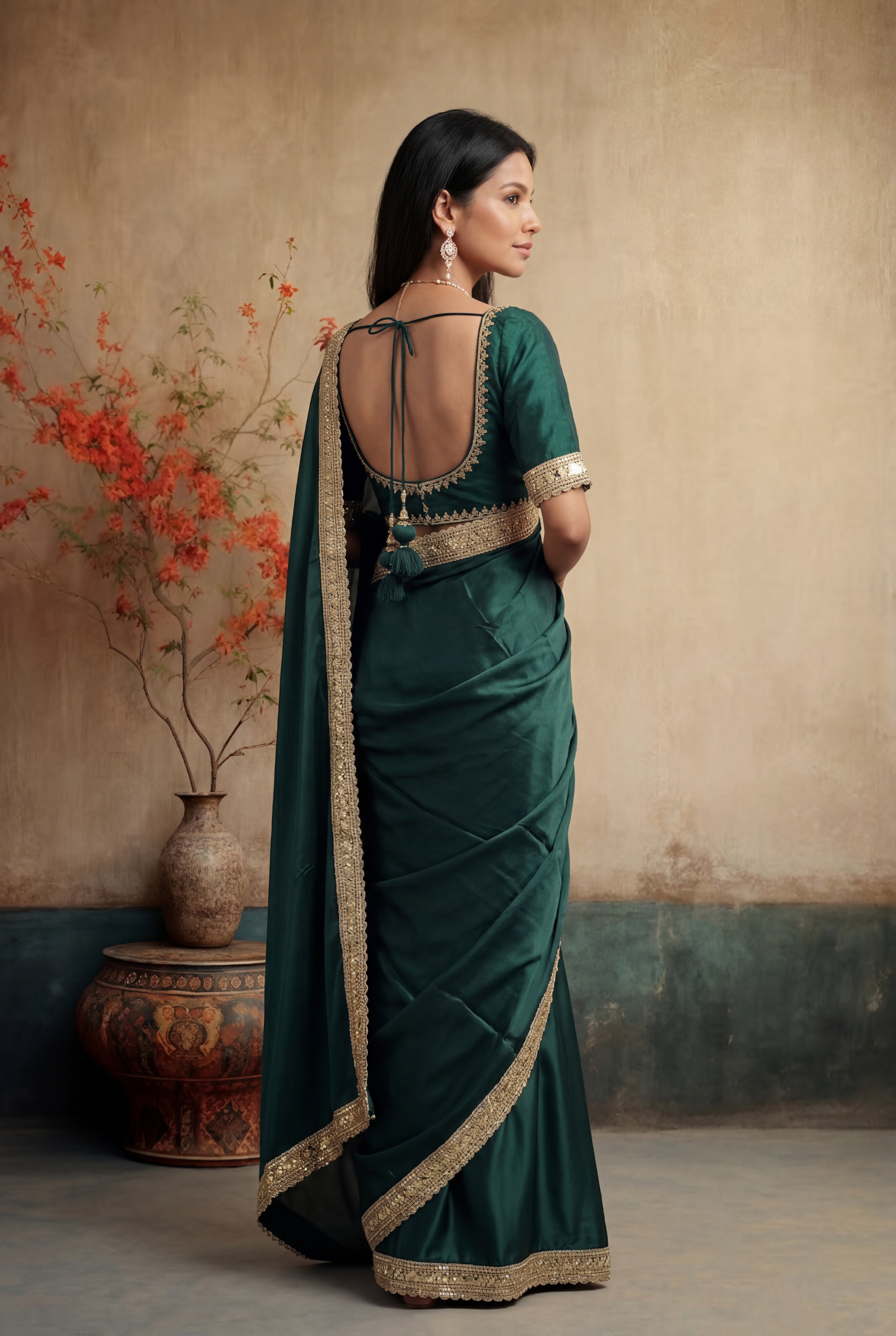 Green Satin Saree with Gold Sequin Border