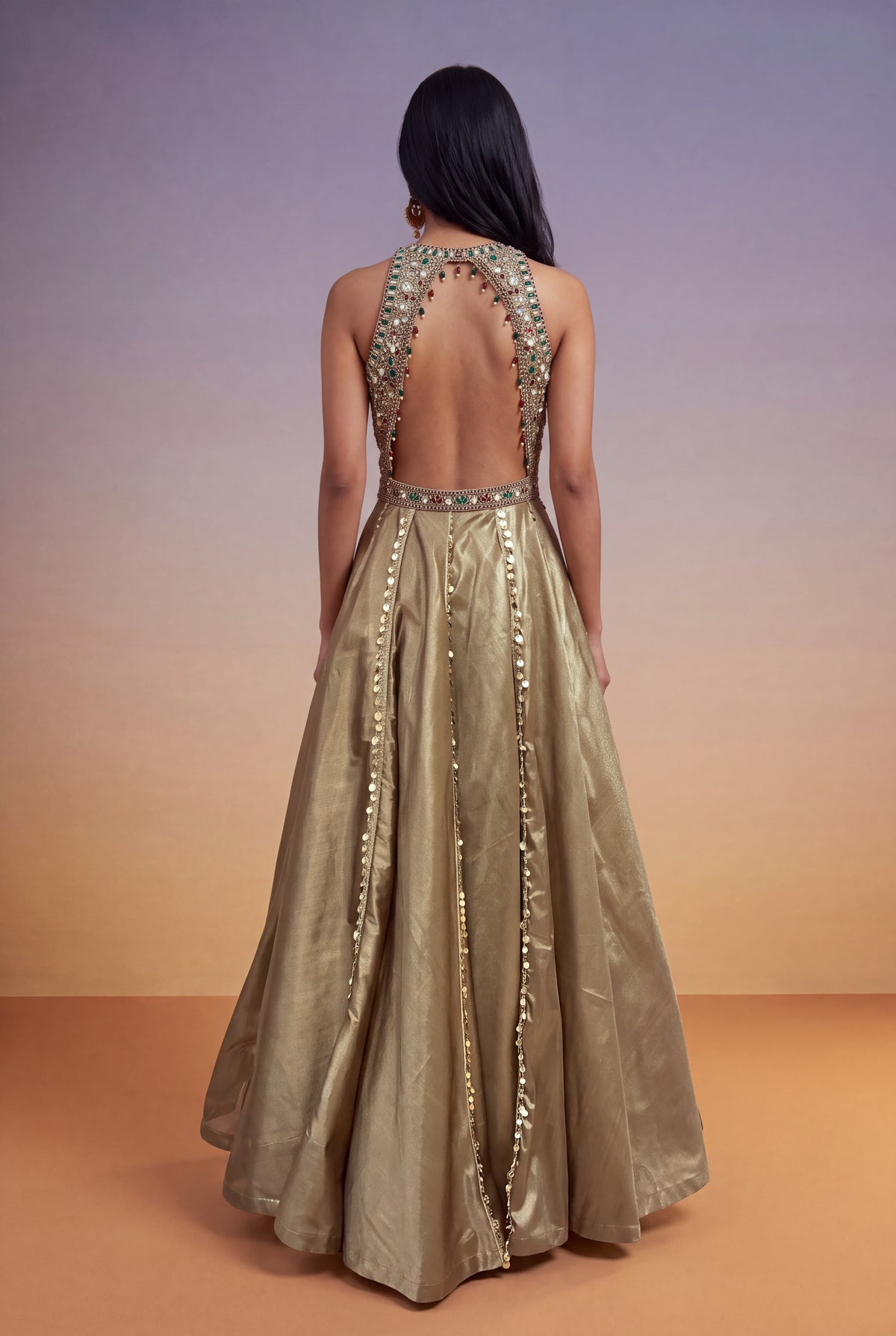 Gold Tissue Multicolour Sequin Gown - Mokshaa