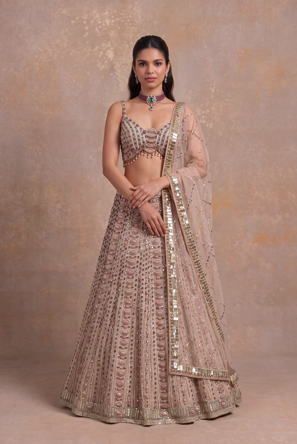 Light Peach Silk Lehenga Set with Stone and Pearl Embroidery - Mokshaa
