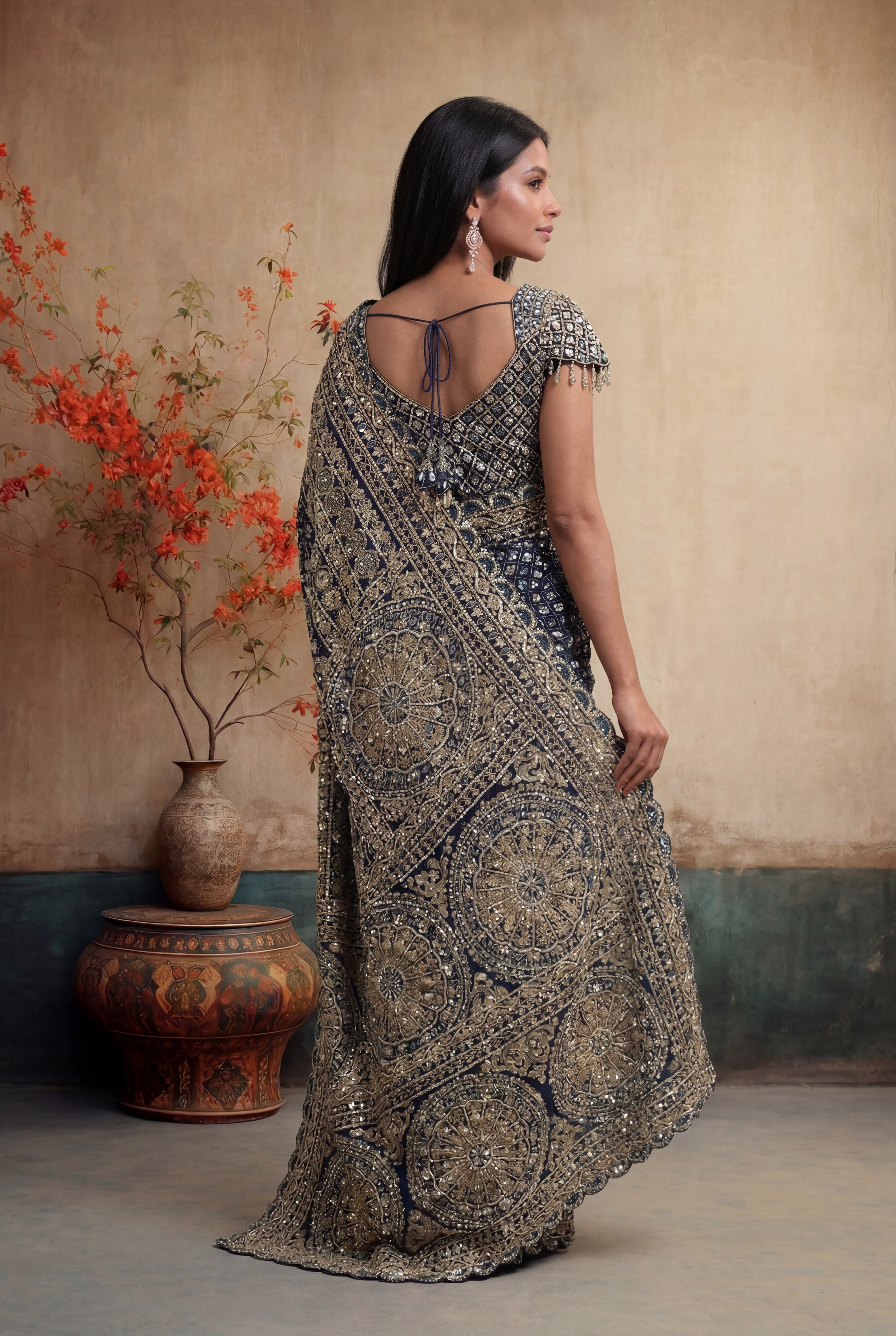 Navy Blue Rinkle Georgette Sequins Saree