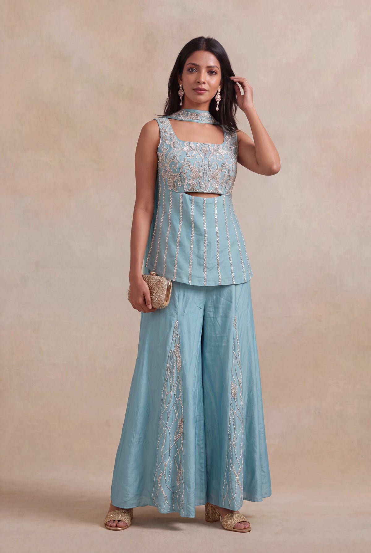 Powder Blue Crepe Palazzo Set with Sequins & Katdana Work - Mokshaa