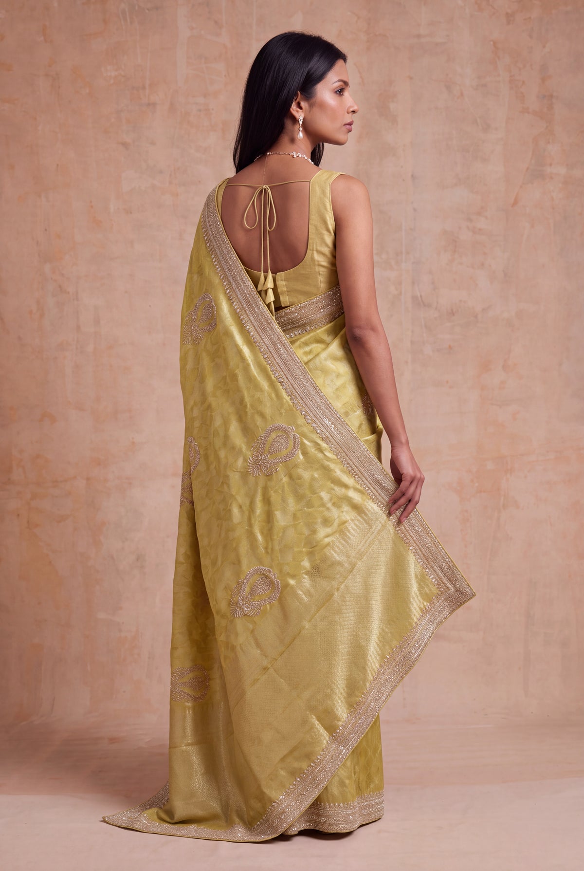 Lime Yellow Zari Weave Saree with Zardosi Work - Mokshaa