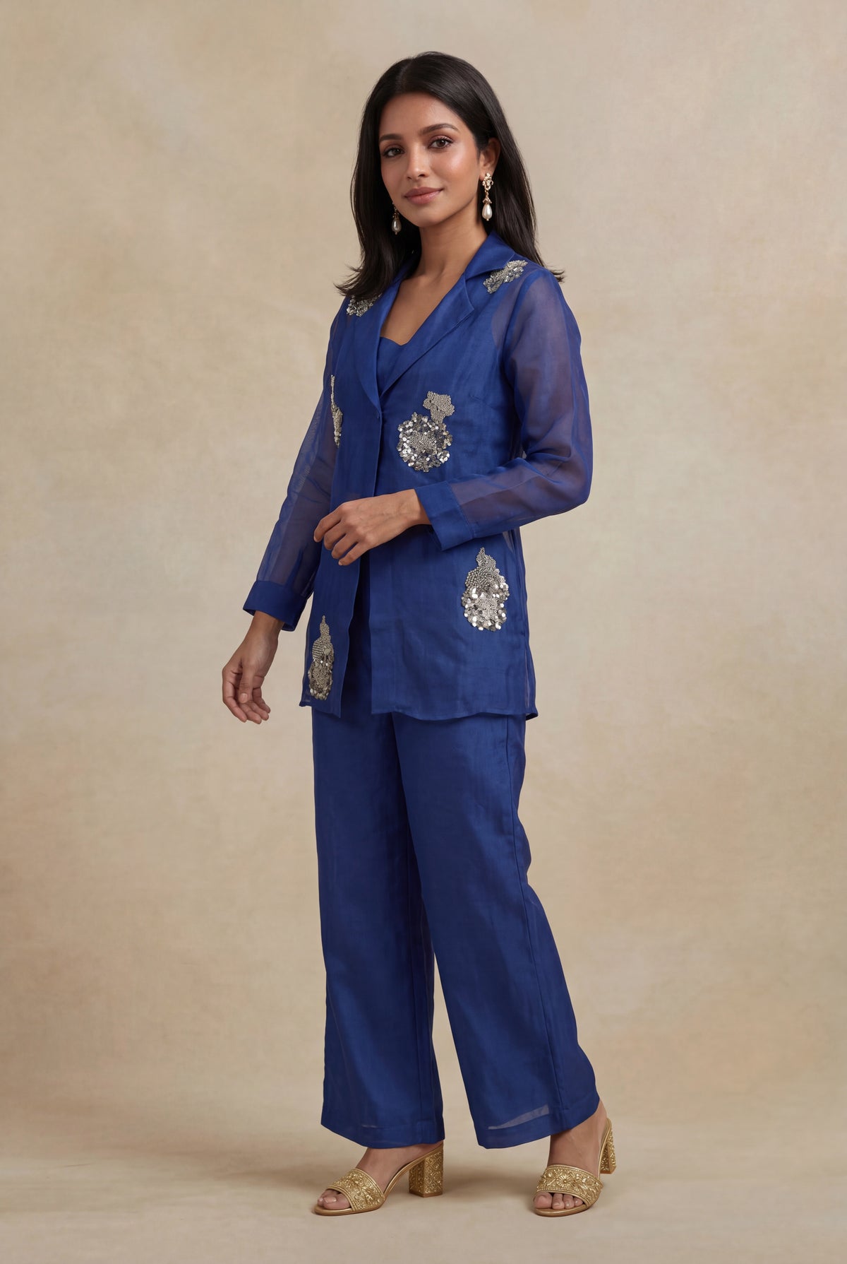 Royal Blue Organza Sequin-Embellished Co-ord Set - Mokshaa