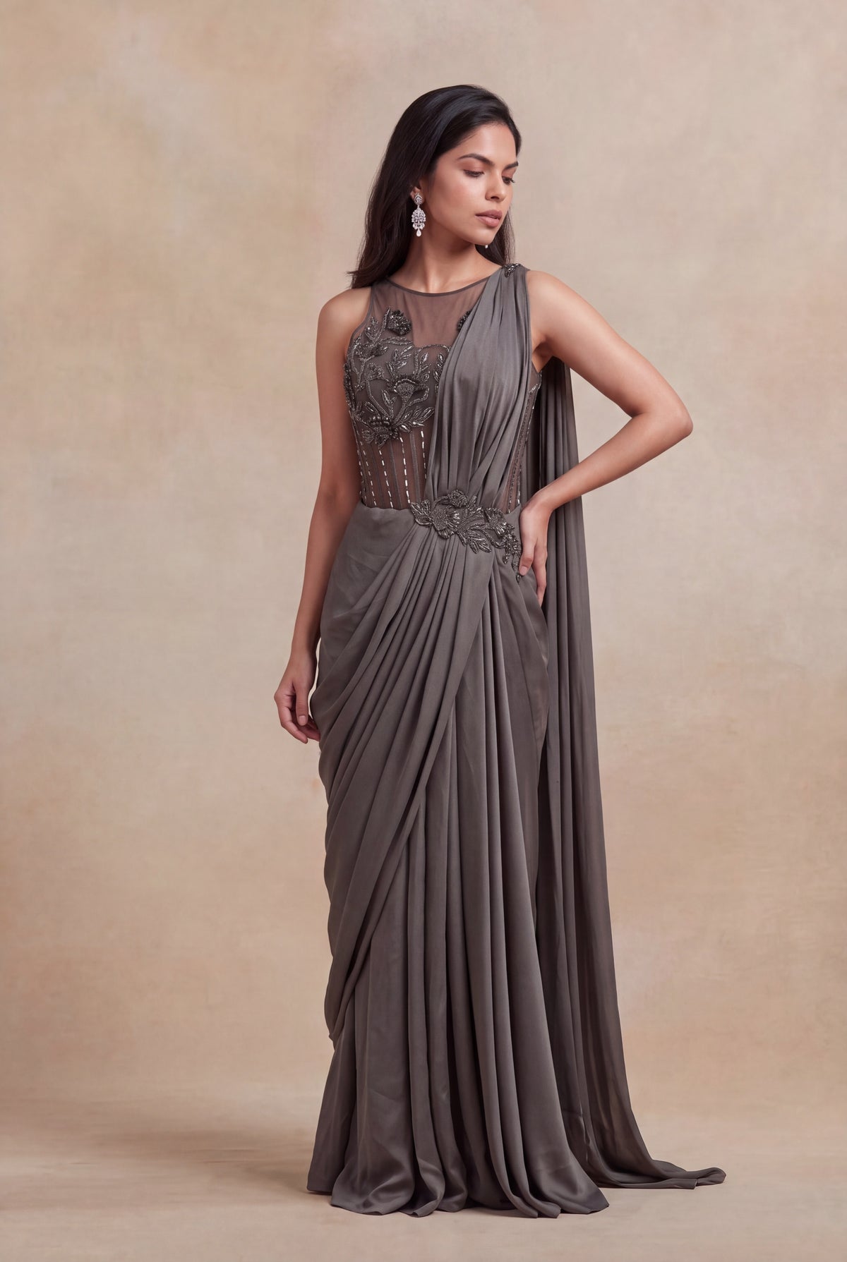 Charcoal Grey Draped Gown - Mokshaa