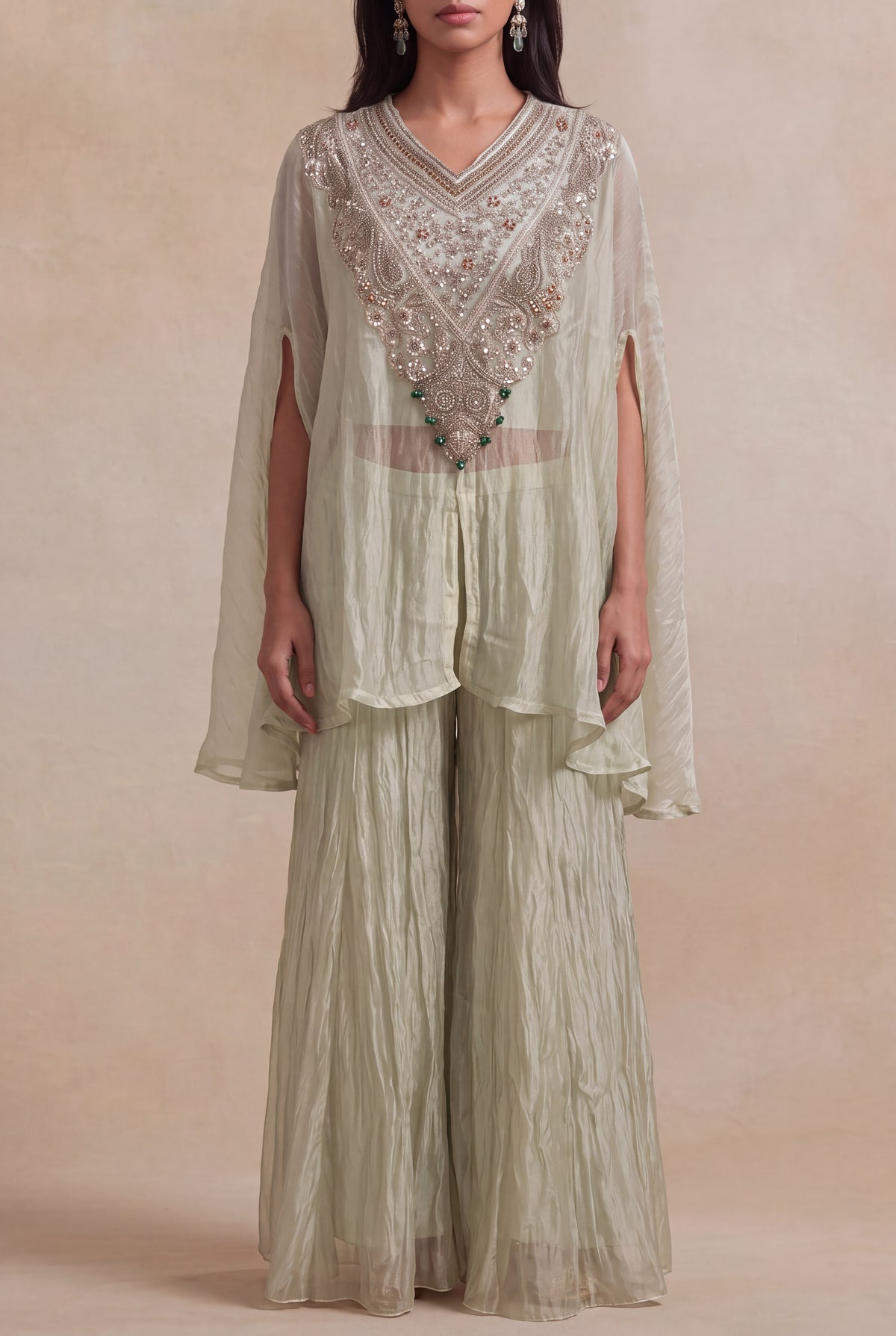 Sage Green Crush Tissue Zardozi Cape Set - Mokshaa