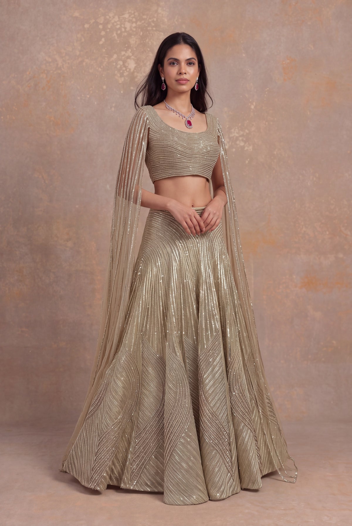 Gold Organza Lehenga with Attached Dupatta Blouse - Mokshaa