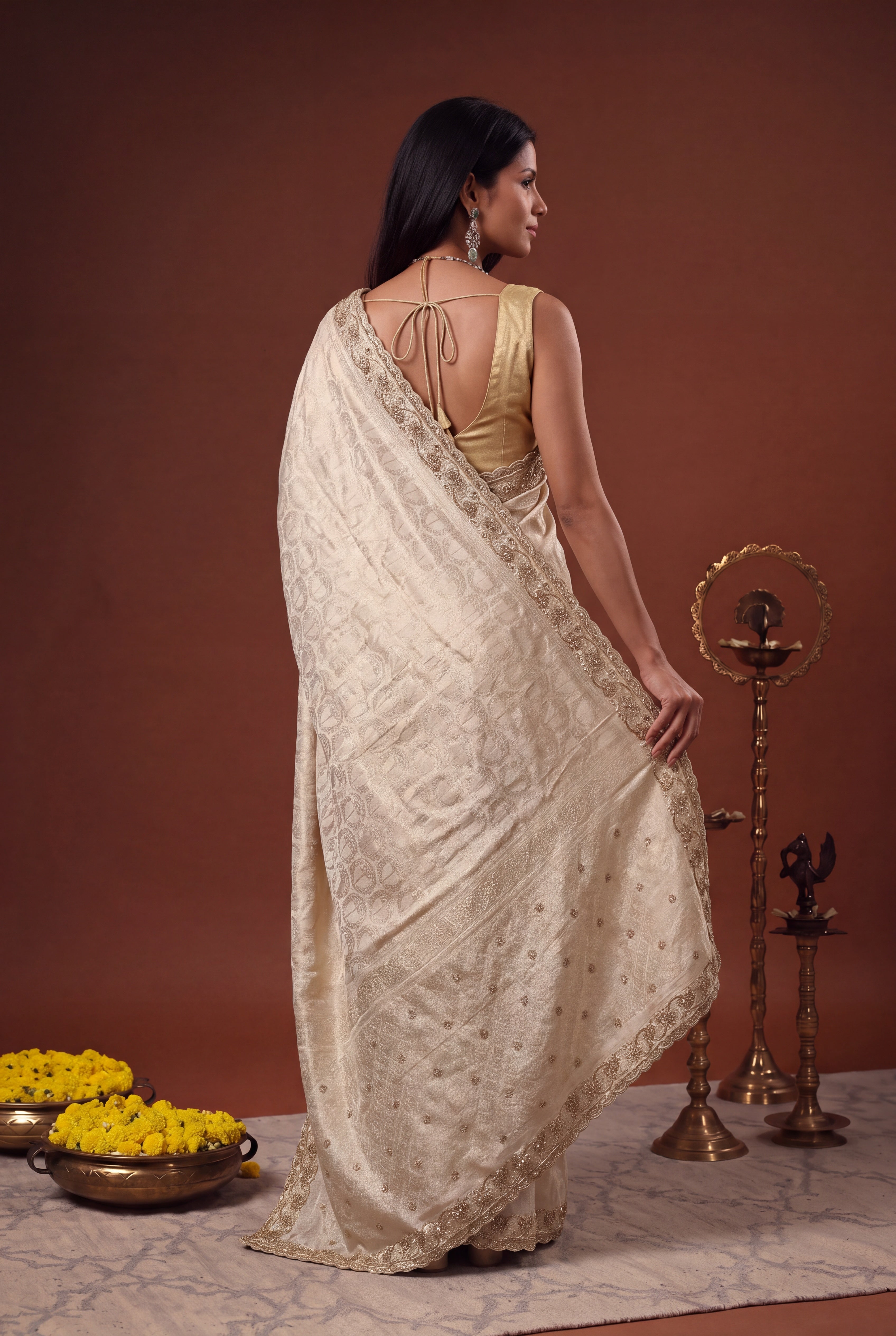 Ivory Banarasi Silk Saree with Antique Zari Work