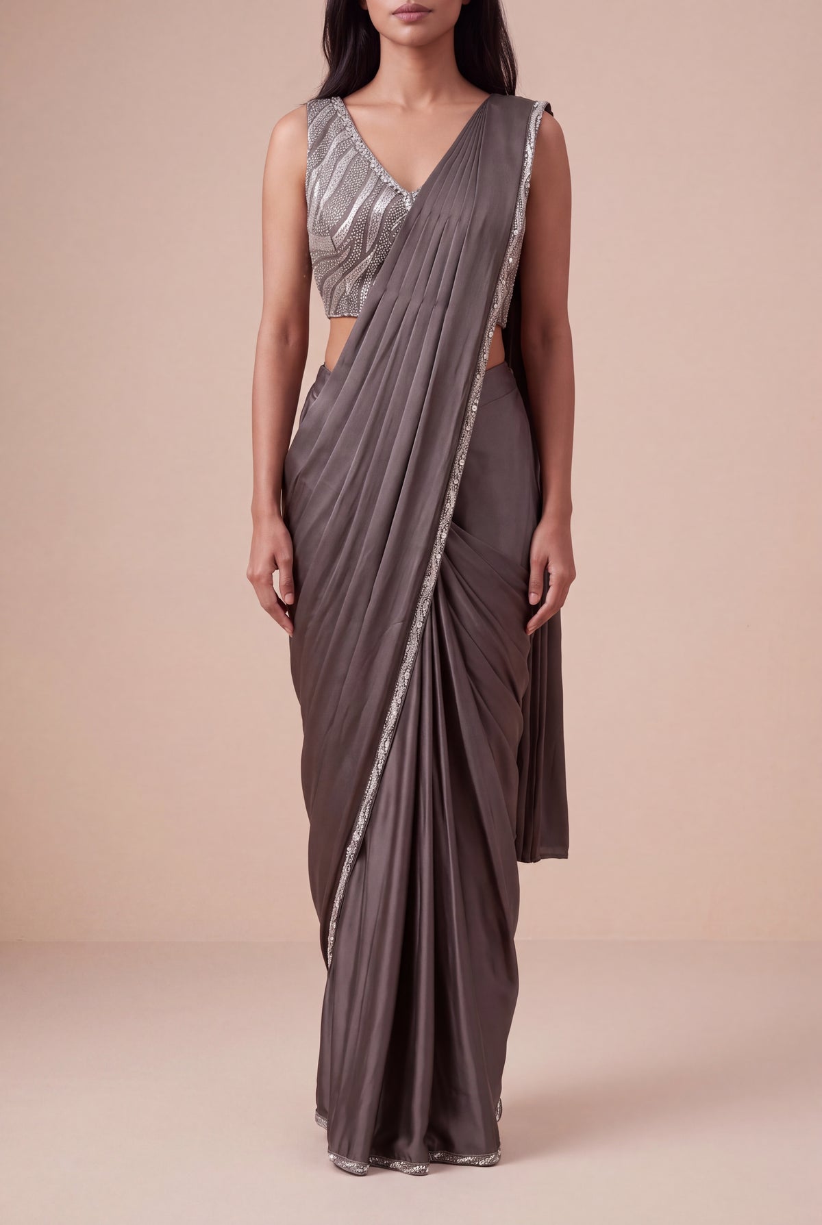 Charcoal Grey Satin Silk Pre-Draped Saree - Mokshaa