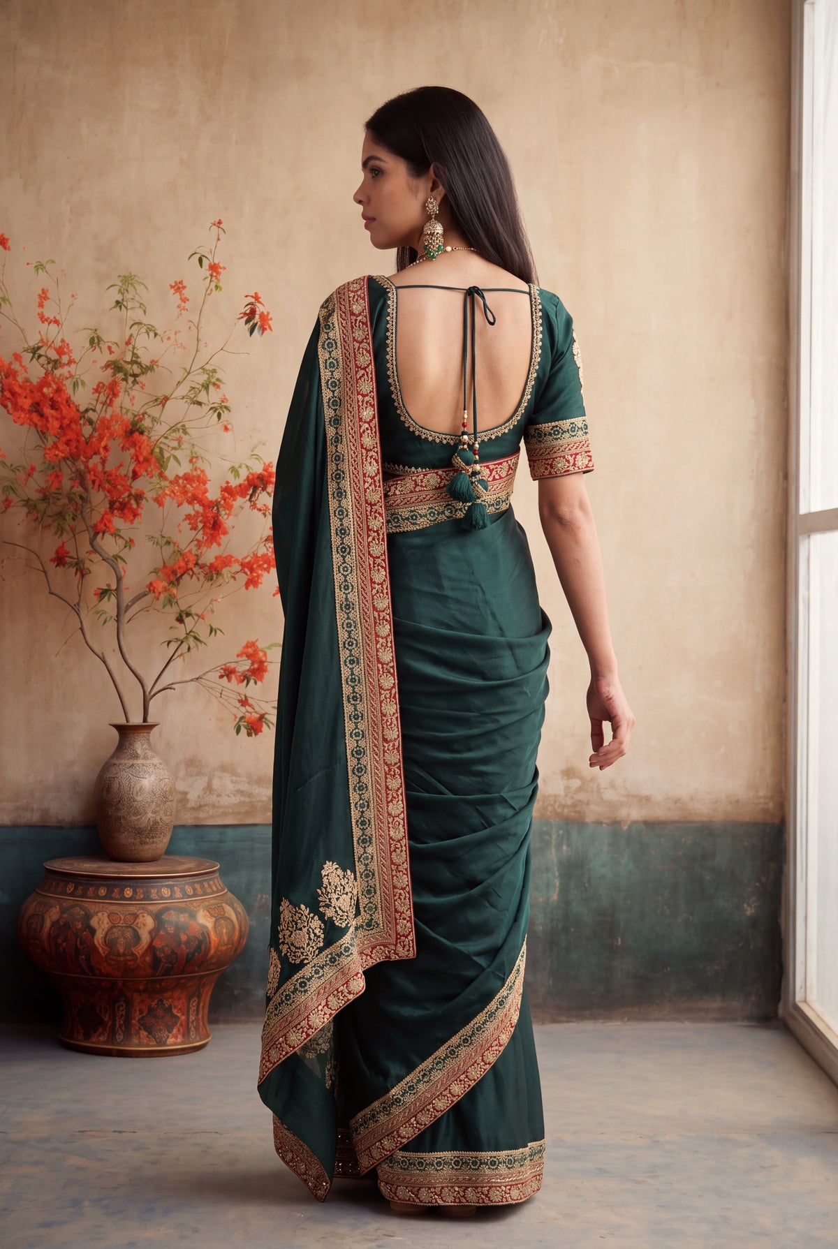 Bottle Green Satin Silk Saree - Mokshaa