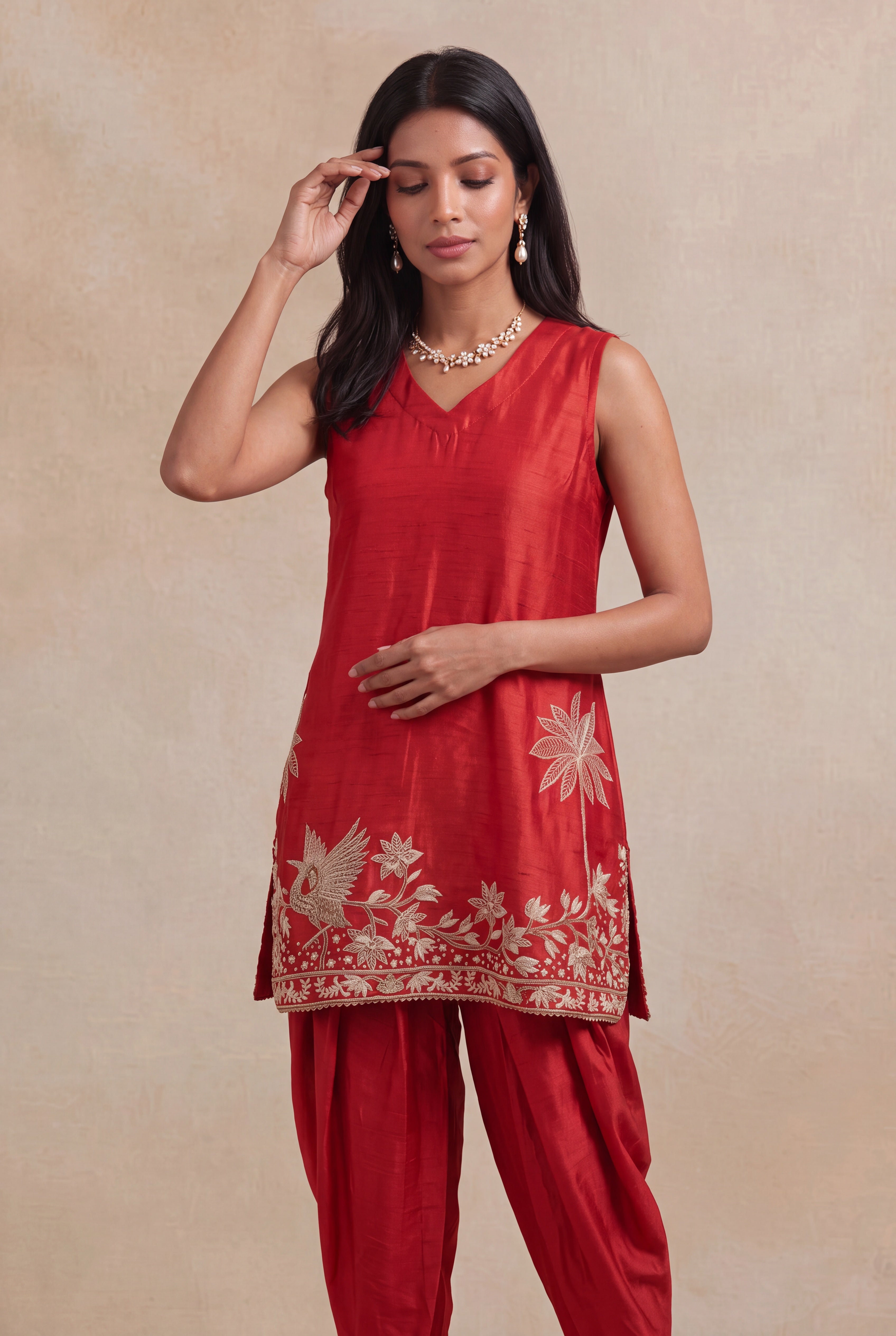 Red Raw Silk Indo-Western Dhoti Set