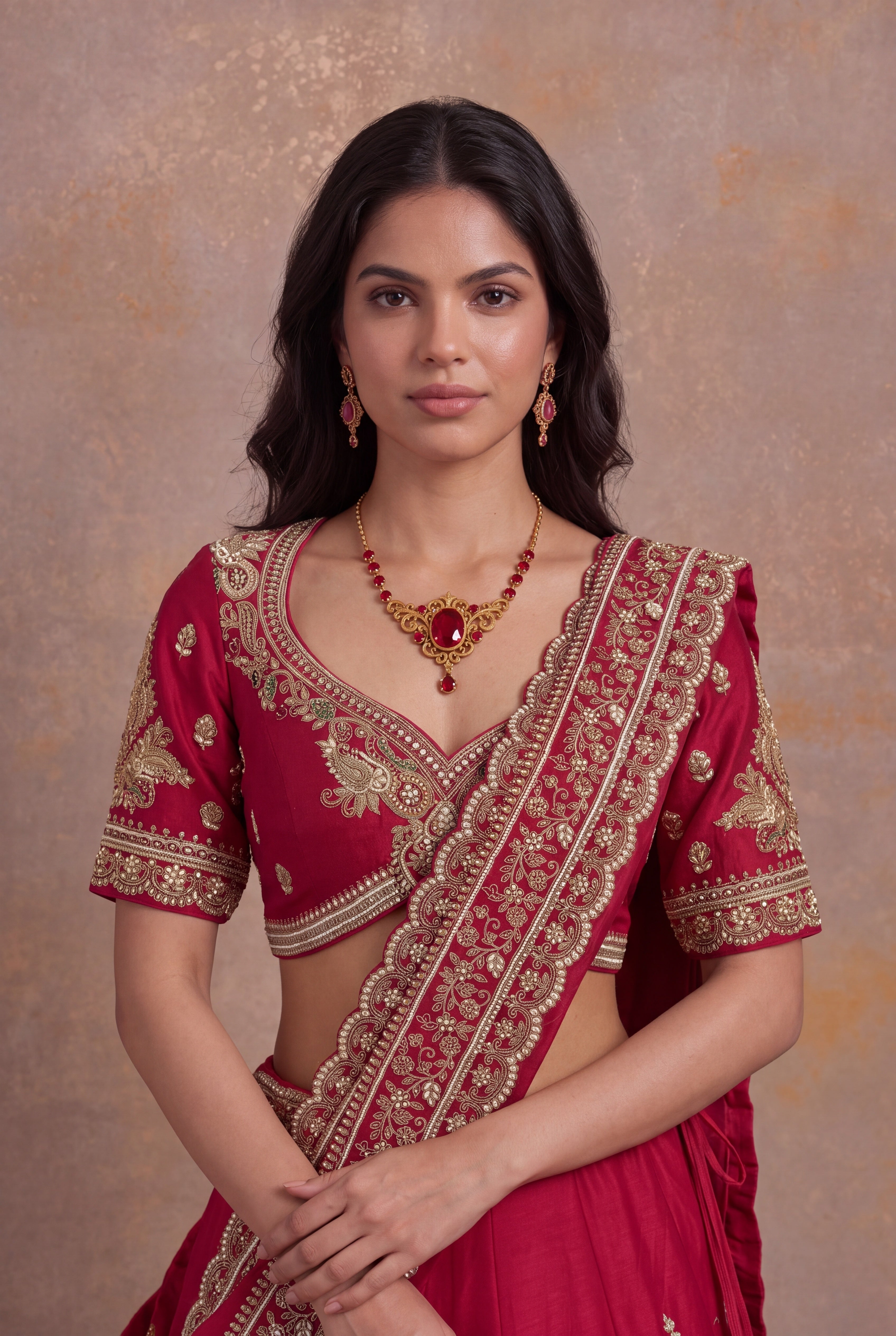 Red Raw Silk Bridal Lehenga with Antique Gold Zardozi Embroidery